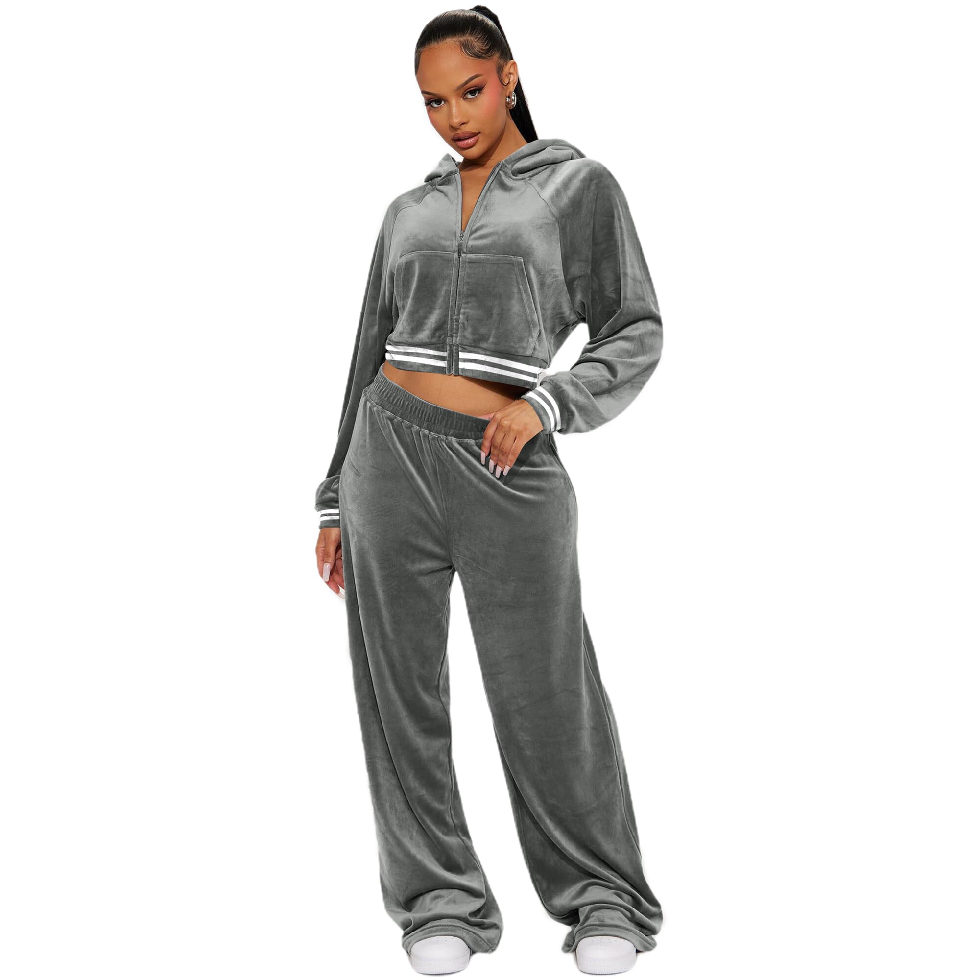 yidengymx Womens 2 Piece Velour Tracksuit Two Piece Soft Velvet Hooded Outfits for Women Hoodie/Wide Leg Pants-grey Large