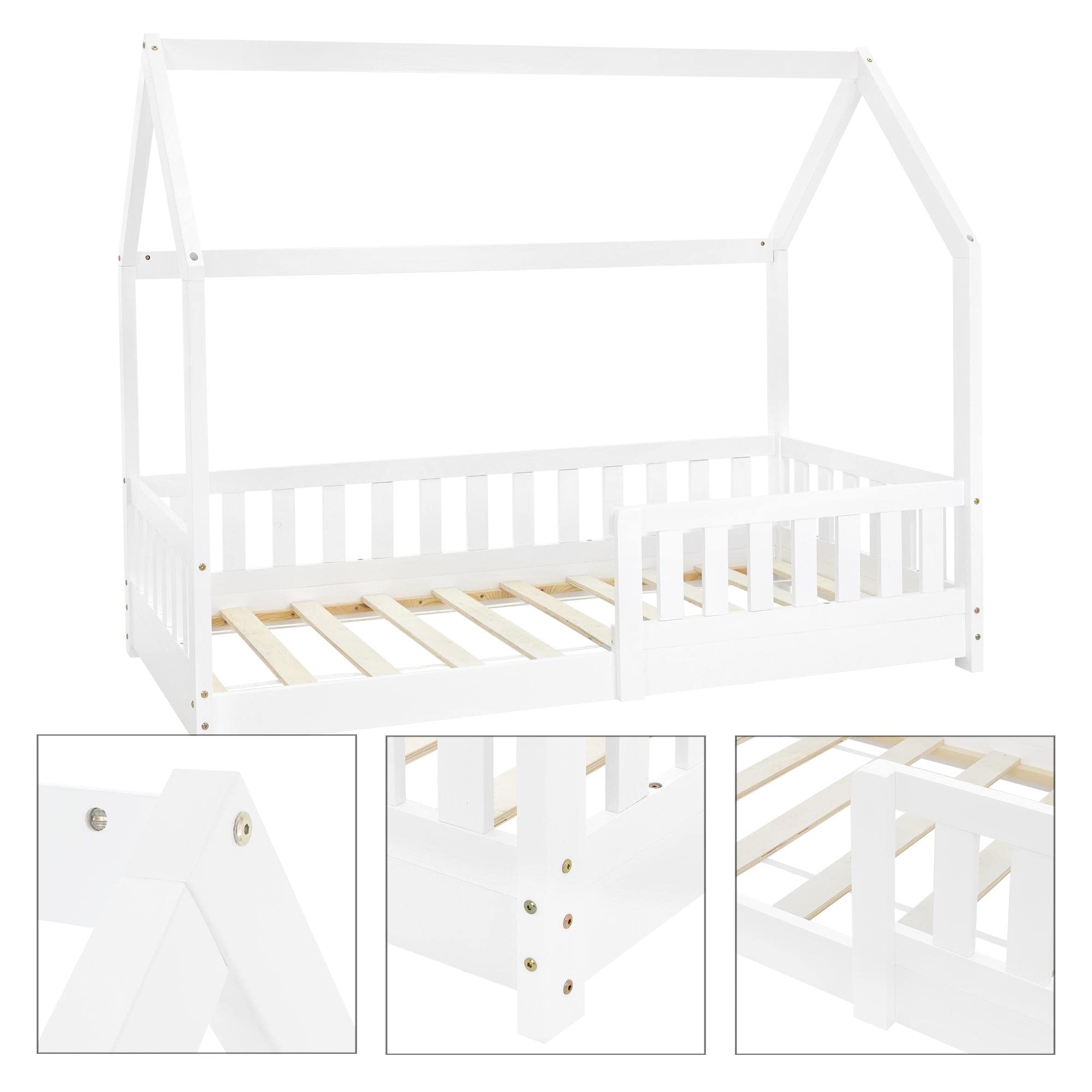 ML-Design Cama Infantil Casa Blanca 80x160 cm de Madera de Pino con Protección Anticaída, Techo y Somier Estructura de Listones, Cuna de Suelo Maciza, Lecho Casita de Juego para Niño y Bebé