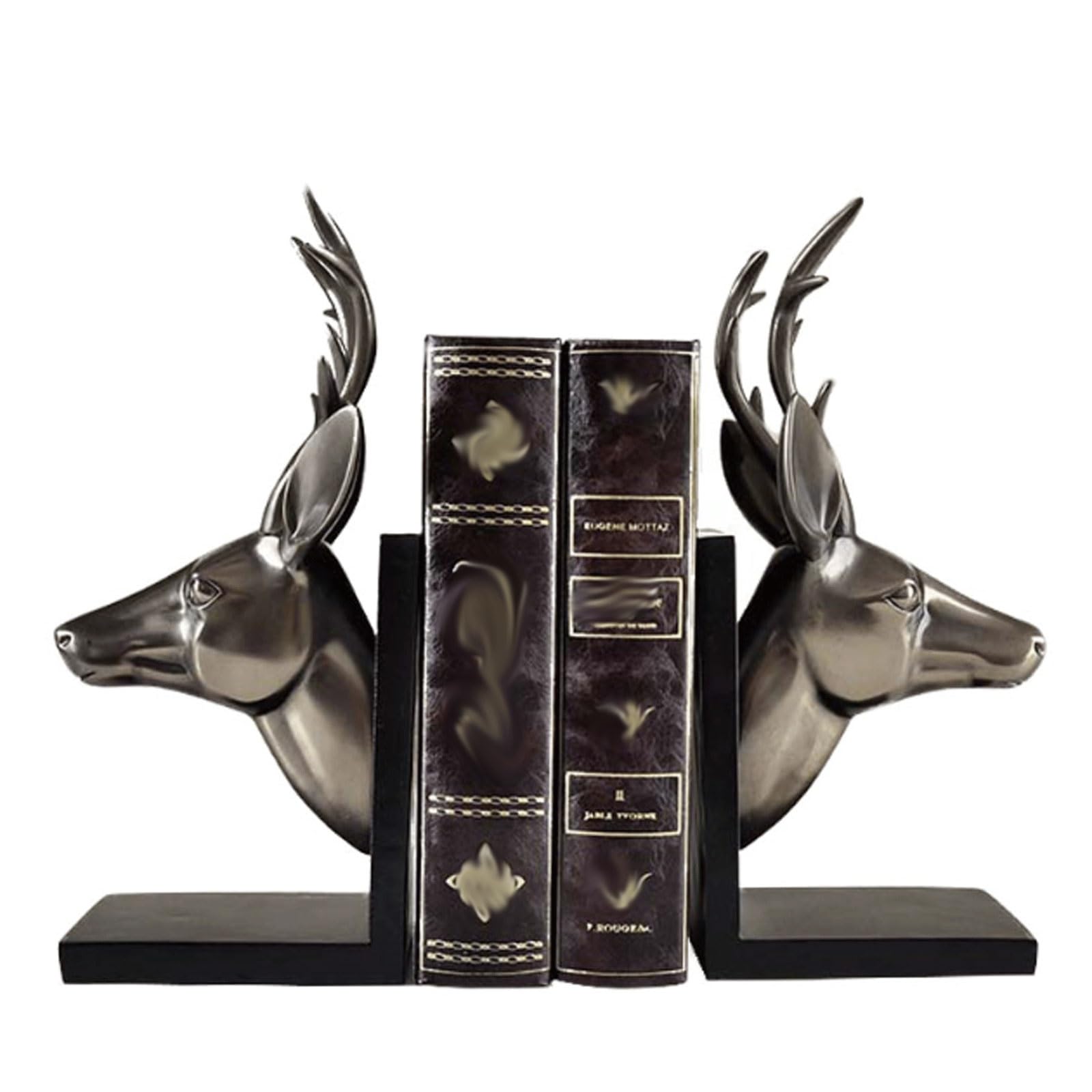 Cast Copper Deer Head Bookends, Resin and Animal Sculpture for Bookcase, Desk, and Living Room Decor