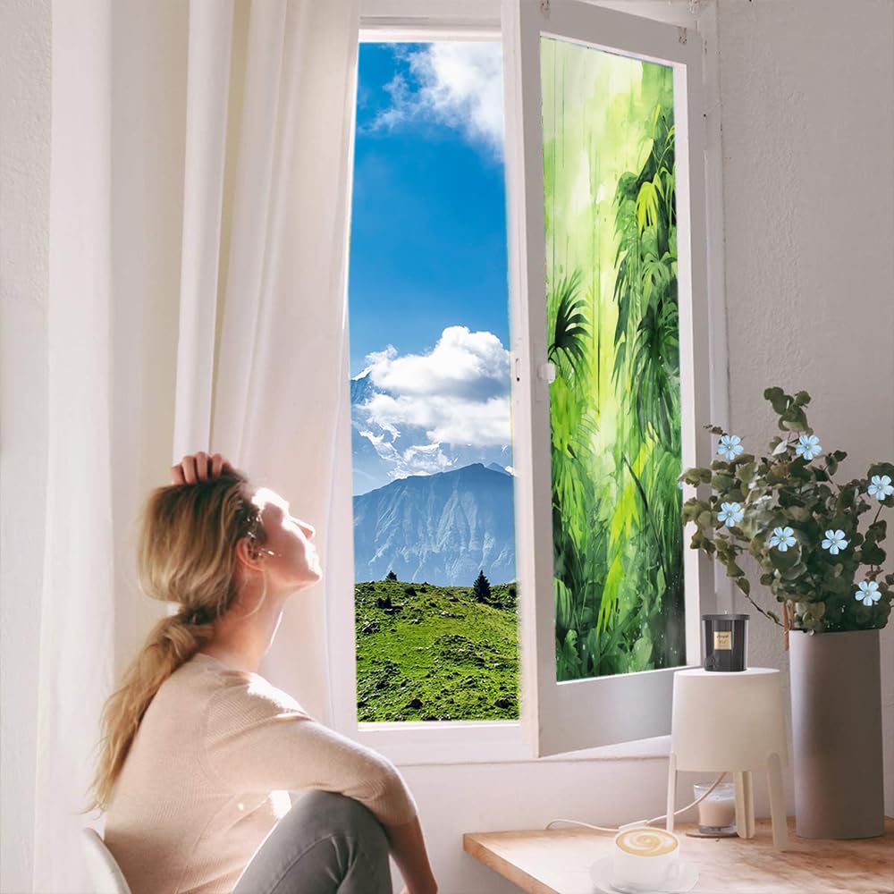 Fensterfolie mit Aquarellblättern, dekorativ, abstrakt, grün, tropischer Wald, Pflanze, Buntglas-Fensterfolie, Sonnenblockierung, Hitzekontrolle, kein Klebstoff, Fensterabdeckungsfolie für