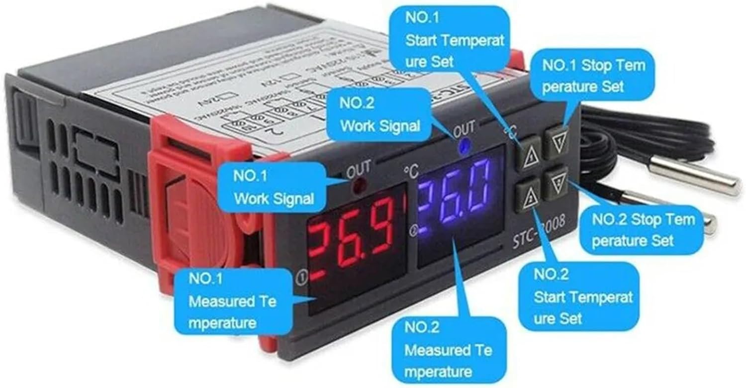 STC-3008 Dual Digital Temperature Controller Two Relay Output AC 220V DC 12V 24V Digital Thermostat for Cooling and Heating(AC 110V-220V)