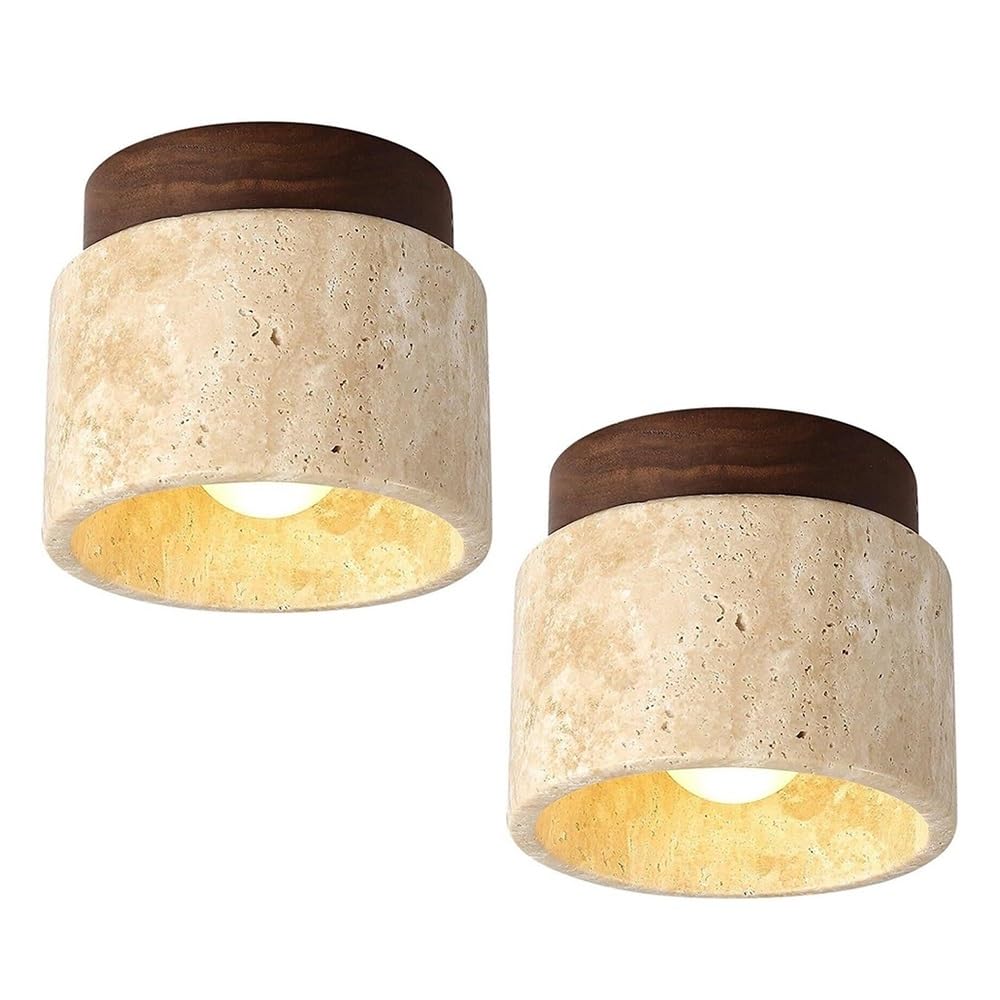 ITOSUI Mid Century Modern Flush Mount Ceiling Light Yellow Travertine Stone Shade 4.7-Inch Dark Solid Wood Base Lamp for Bedroom Bar Study Hallway Entryway Kitchen Sink E26(2-Pack)