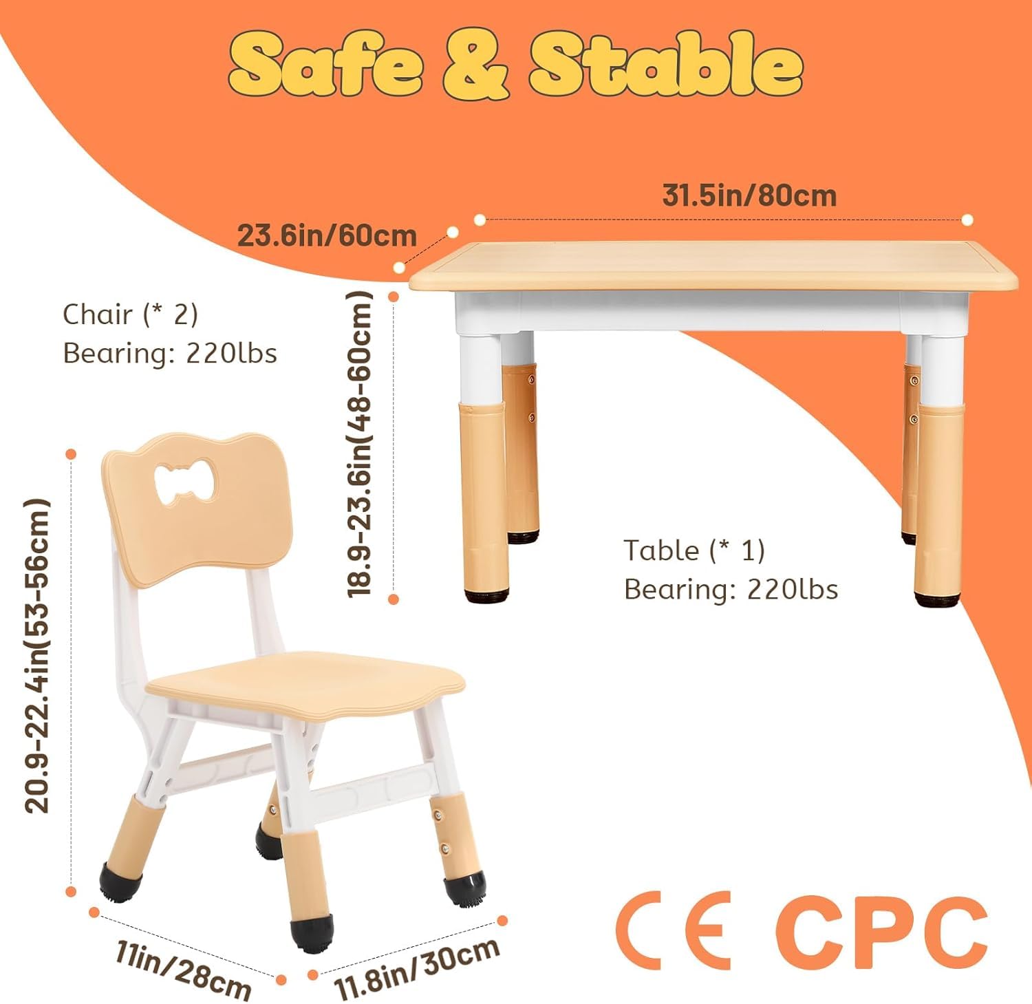 Snazzy Kids Height Adjustable Table and 2 Chairs Set for Ages 3-8 for Classrooms Homes - Natural 1