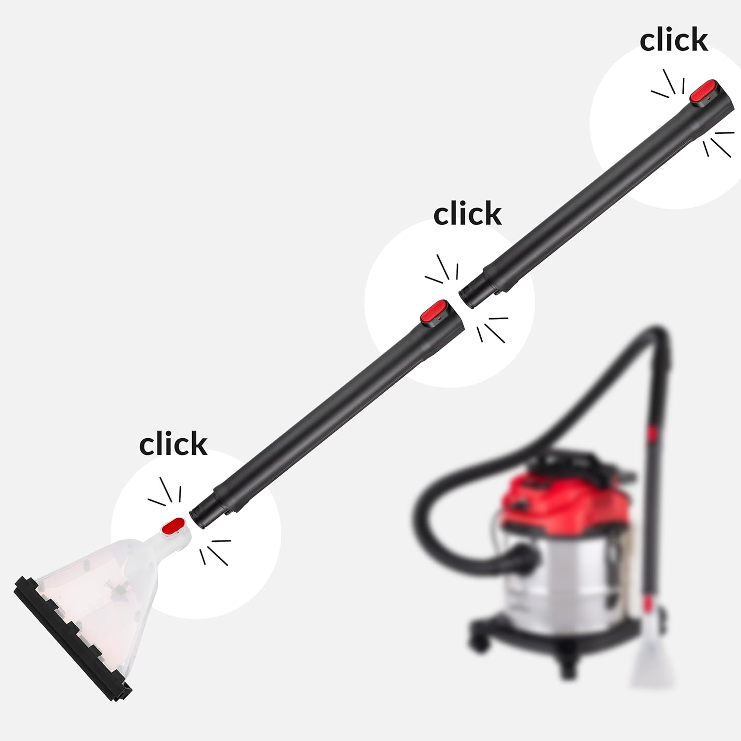 Assembly diagram showing click connections for extension wands and nozzle