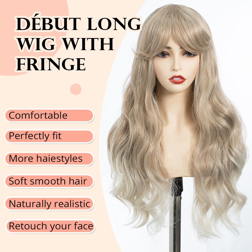 DÉBUT Long Wavy Wig With Fringe for Women Heat Resistant Synthetic Ombre Brown to Blonde Wigs With Bangs for Daily Party Cosplay Use(26 inches - Image 2