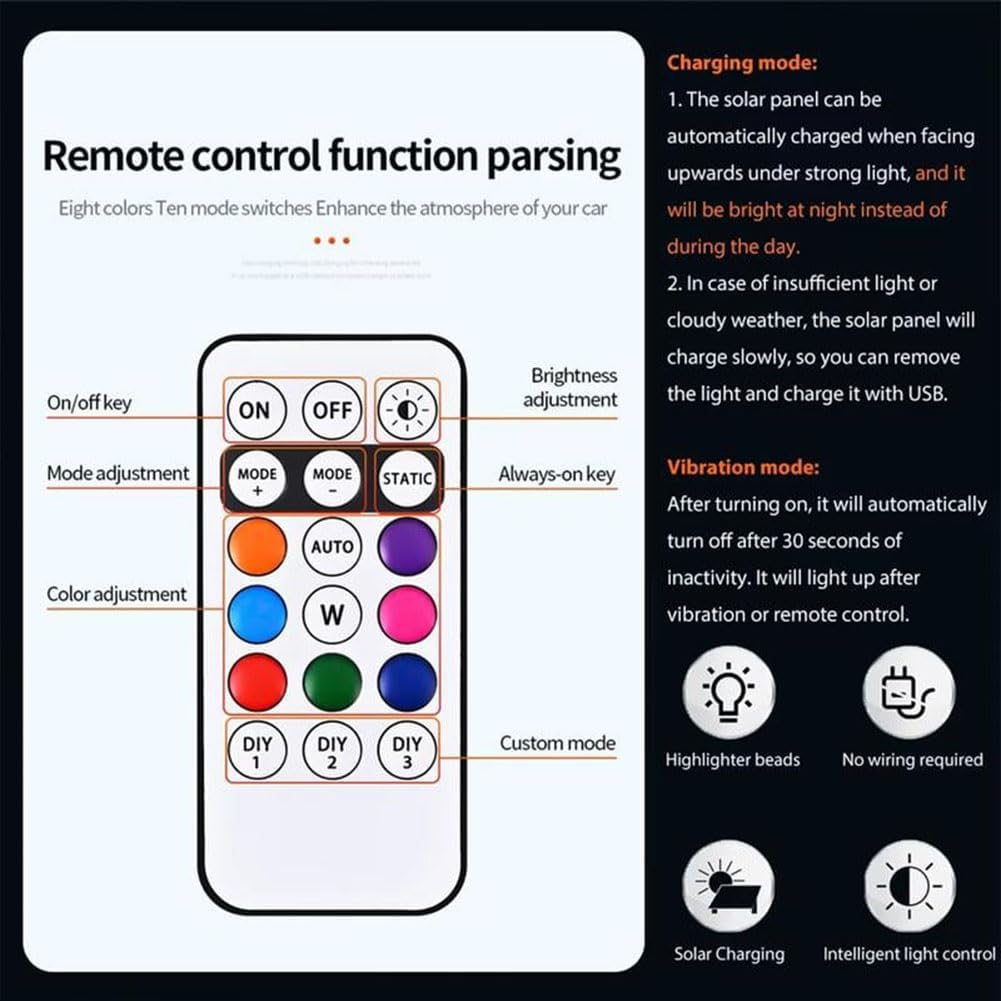 2026 New Solar Car Roof RGB Strobe Light with Remote Control, Waterproof Interior Car Lights 8 Colors Wireless LED Strobe Lights for Trucks, Motorcycle, Vehicle, Night Driving (6pcs)