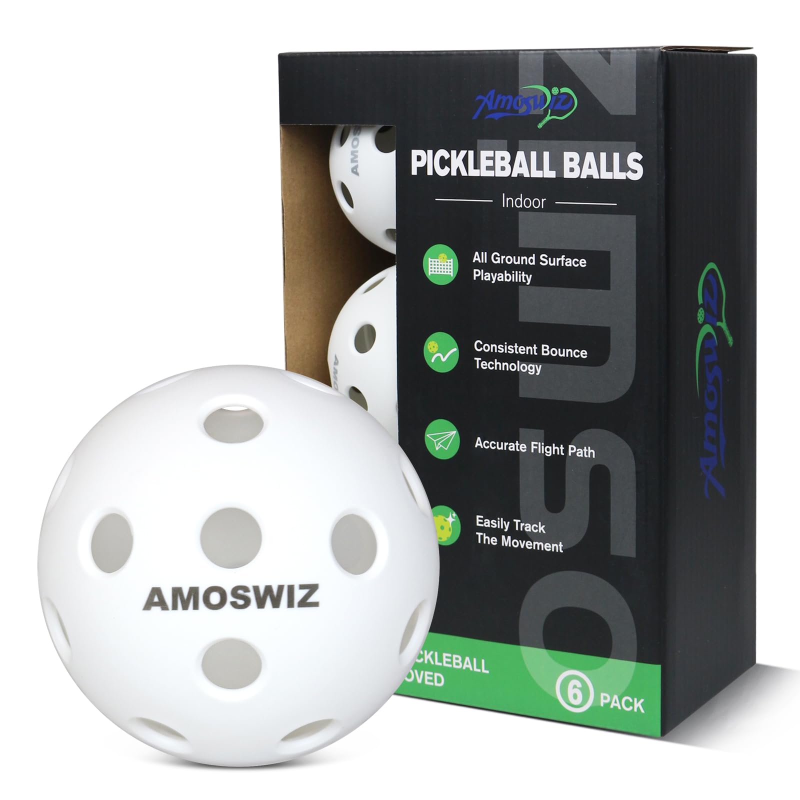 Amoswiz Indoor Pickleball Balls, 6 Pack of 26 Holes Pickleballs, USAPA Approved Indoor Pickleballs Set, High Visibility Durable Pickle Balls for Training and Tournament, White — image 1