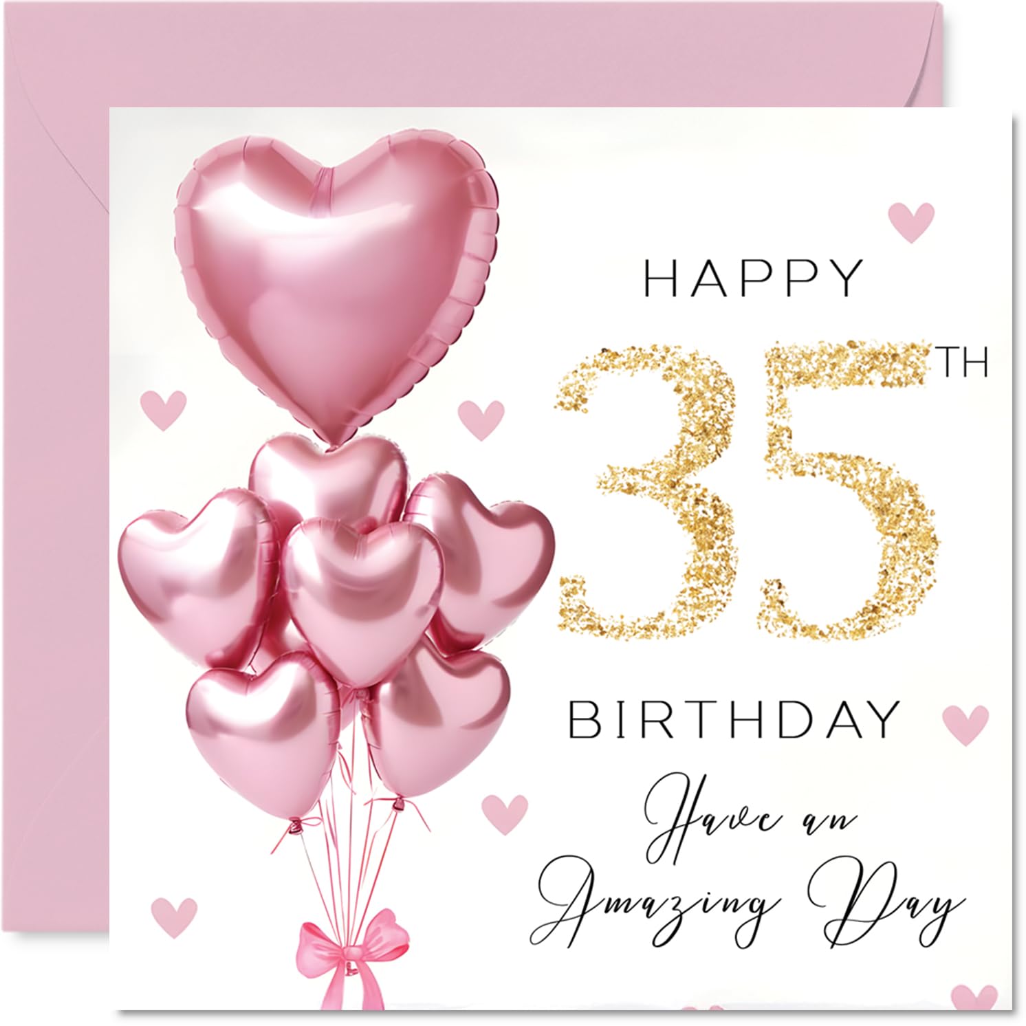 35th Birthday Cards for Women - Pink Glitter Balloons - Happy Birthday Card for 35 Year Old Woman Daughter Colleague Cousin Neighbour, 145mm Bday Greeting Cards