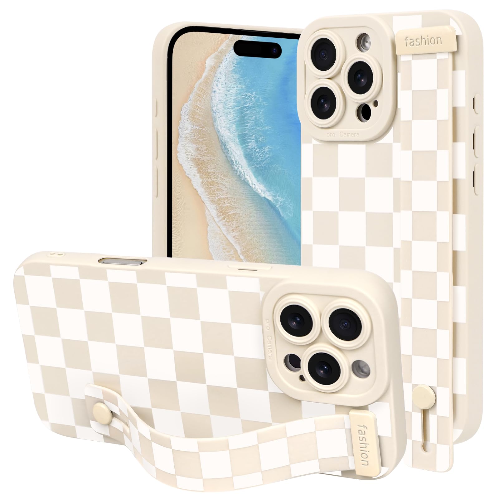Lovmooful Compatible for iPhone 16 Pro Case Cute Checkerboard Lattice Plaid Design with Wrist Strap for Girls Women Soft TPU Shockproof Protective
