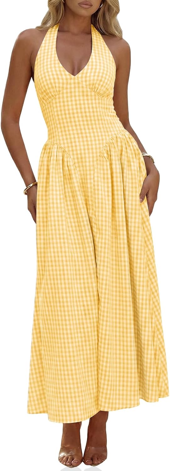 Wenrine Womens Halter V Neck Corset Maxi Dresses Summer Plaid Smocked Tie Back Backless Wedding Guest Drop Waist Dress