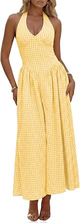 Wenrine Women's Halter V-Neck Corset Maxi Dress - Summer Plaid Smocked Dress