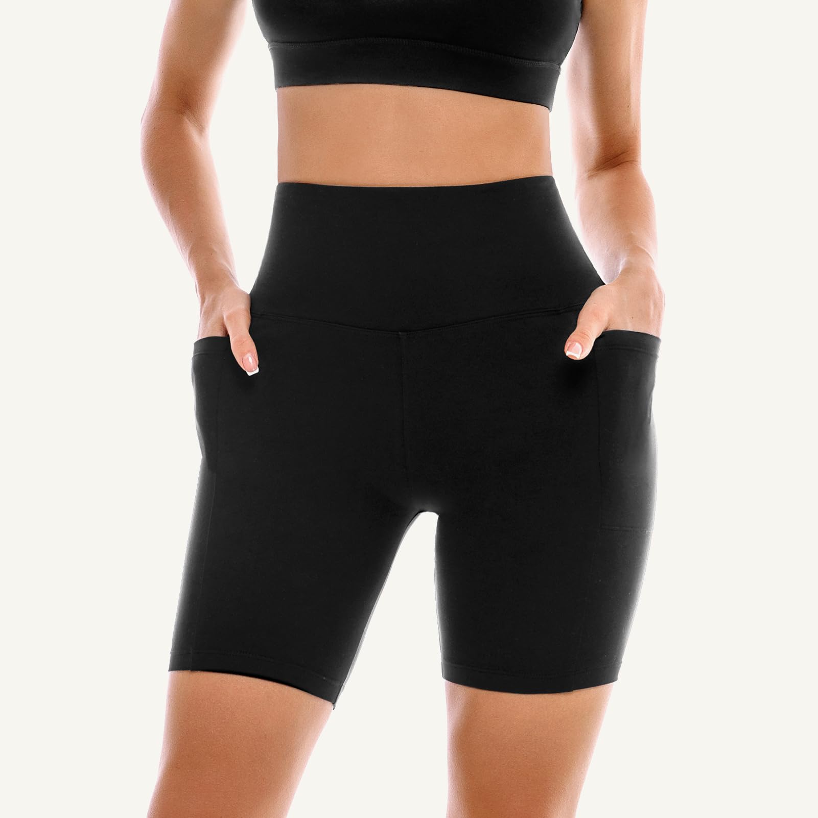Leafigure 2 Pack Womens Biker Shorts with Pockets, High Waisted Yoga Shorts for Women Running Gym and Workout: White/Beige Large-X-Large