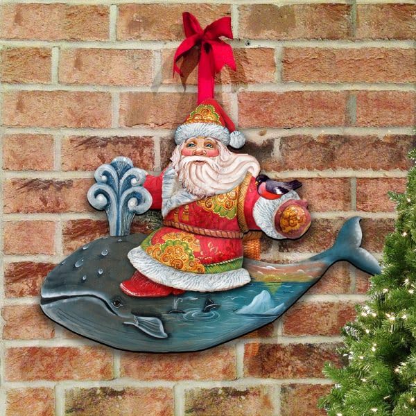 Coastal Whale Riding Santa Wooden Decorative Holiday Door Hanger, Multicolor
