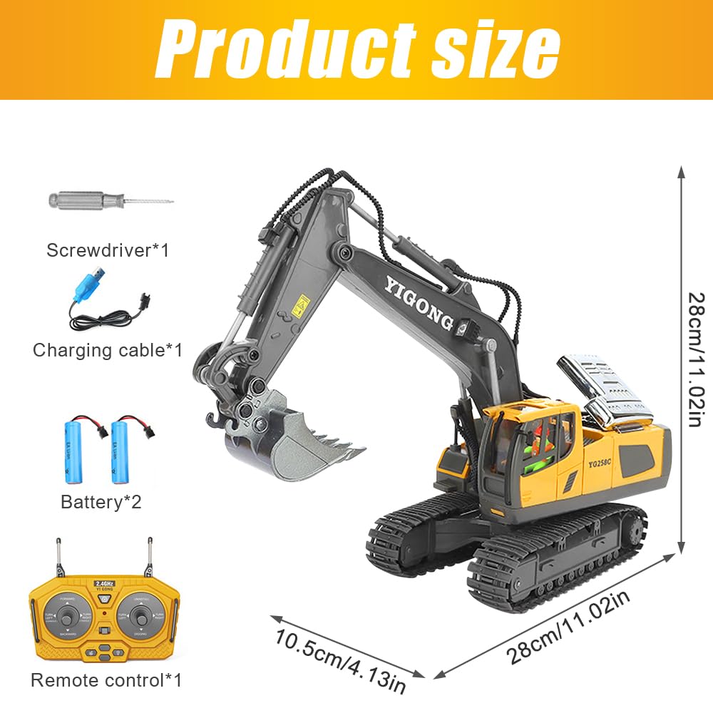 Excavadora de Control Remoto, 2,4 GHz Juguete Excavadora Teledirigido, Excavadoras Teledirigida para Niños, Rotación de 680°, 11 Canales, Sonido y Luz, para Niños y Niñas Mayores de 3 Años