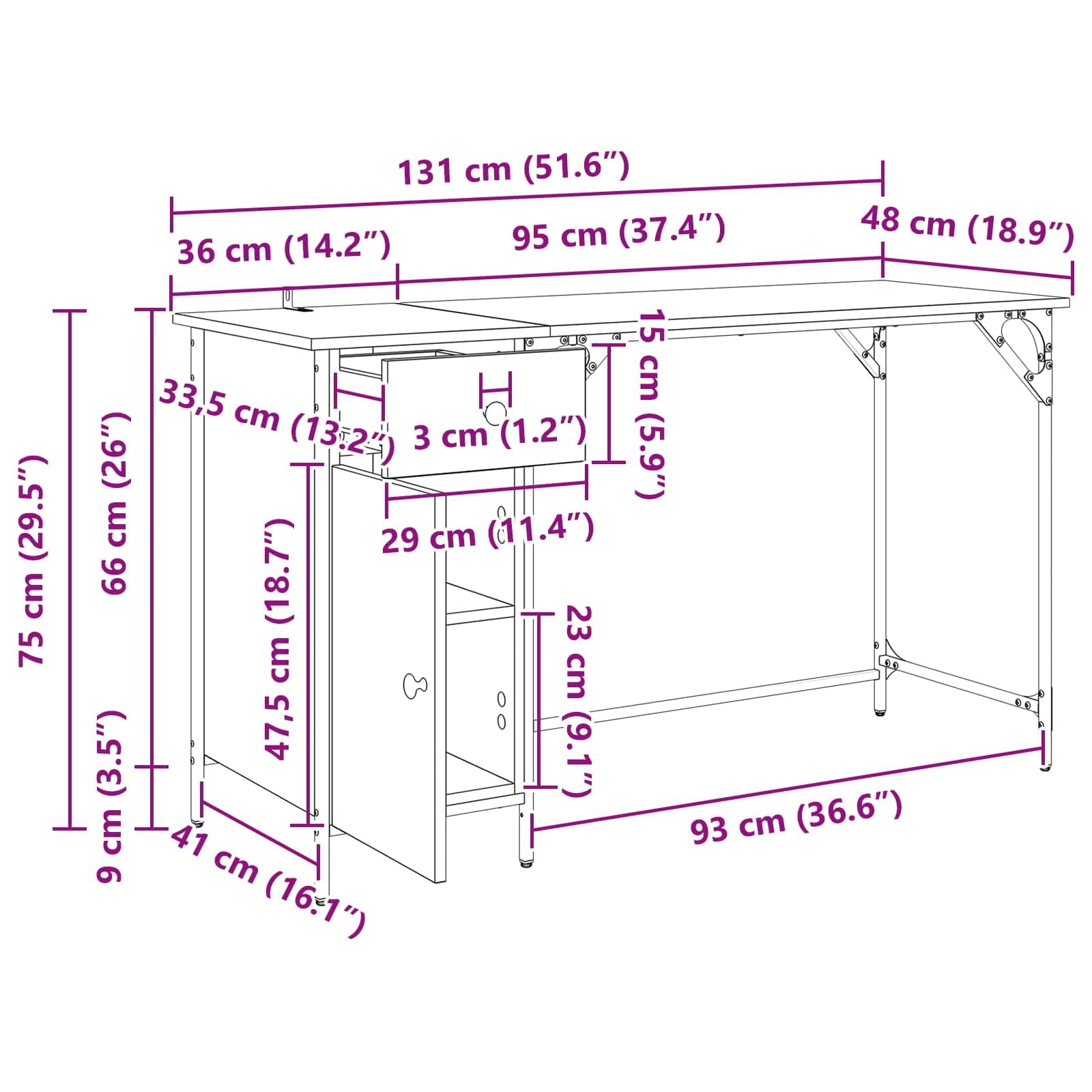 Scrivania per computer in rovere Artisan, 131 x 48 x 75 cm, in legno con cassetto, vano portaoggetti, per casa, ufficio, gaming, postazione di lavoro, ergonomica e salvaspazio