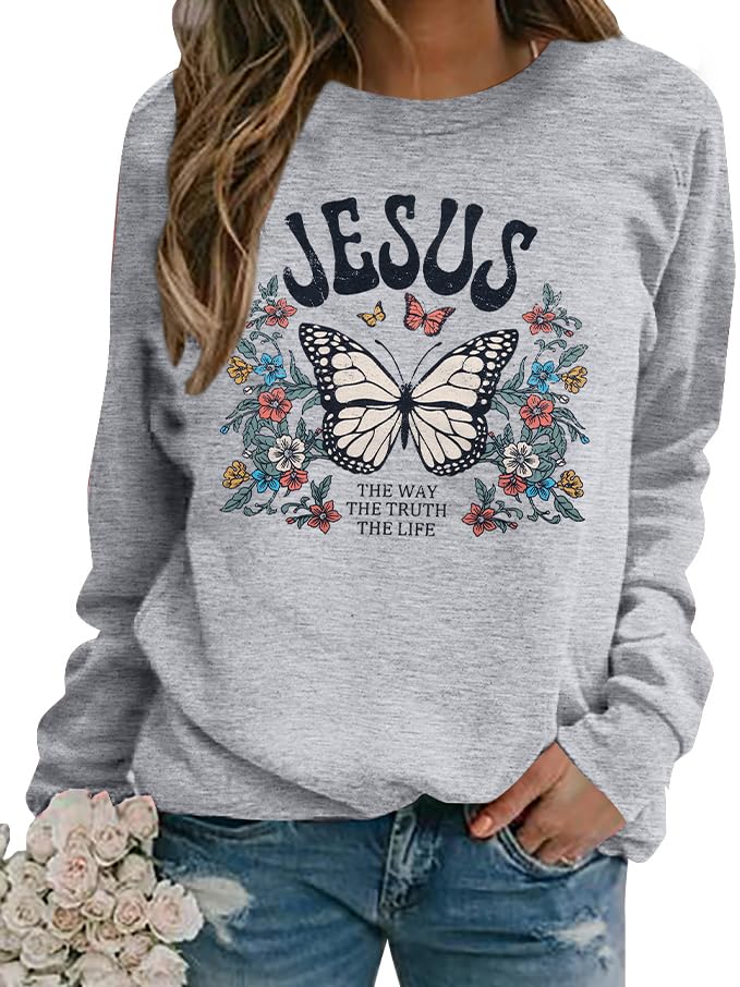 EGELEXY Jesus Sweatshirt Womens The Way The Truth The Life Christian Sweatshirt Bible Verse Shirts Religious Pullovers Grey