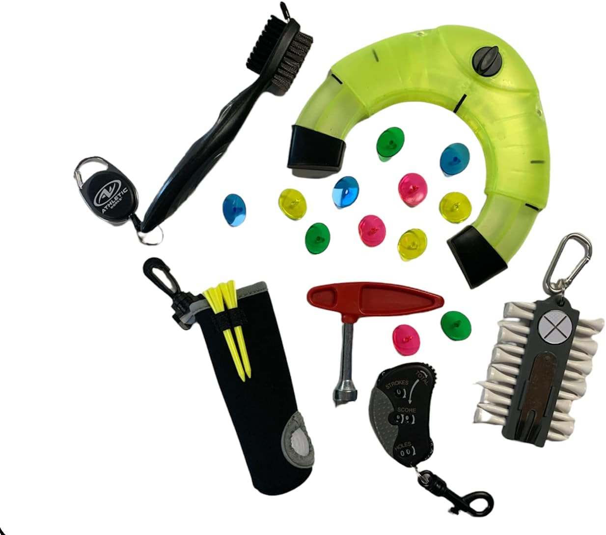 Deluxe Golf Accessories Gift Set - Club Brush, Scorekeeper, Golf Ball Sleeve, Tee Caddy, Spike Wrench, Ball Markers and Putting Cup