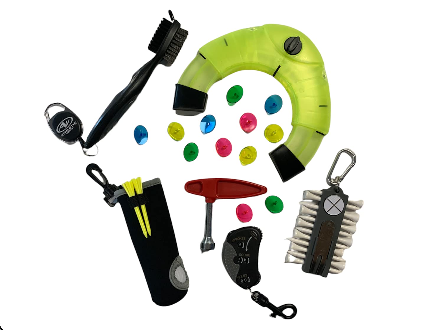 Deluxe Golf Accessories Gift Set - Club Brush, Scorekeeper, Golf Ball Sleeve, Tee Caddy, Spike Wrench, Ball Markers and Putting Cup
