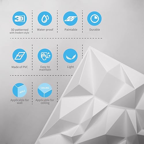 Miniatura 146 de Art3d Paneles para pared 3D para decoración de paredes de interior Rectángulo 3D Blanco,Rectángulo 3D,Negro -,Diamond,Blanco suave,white