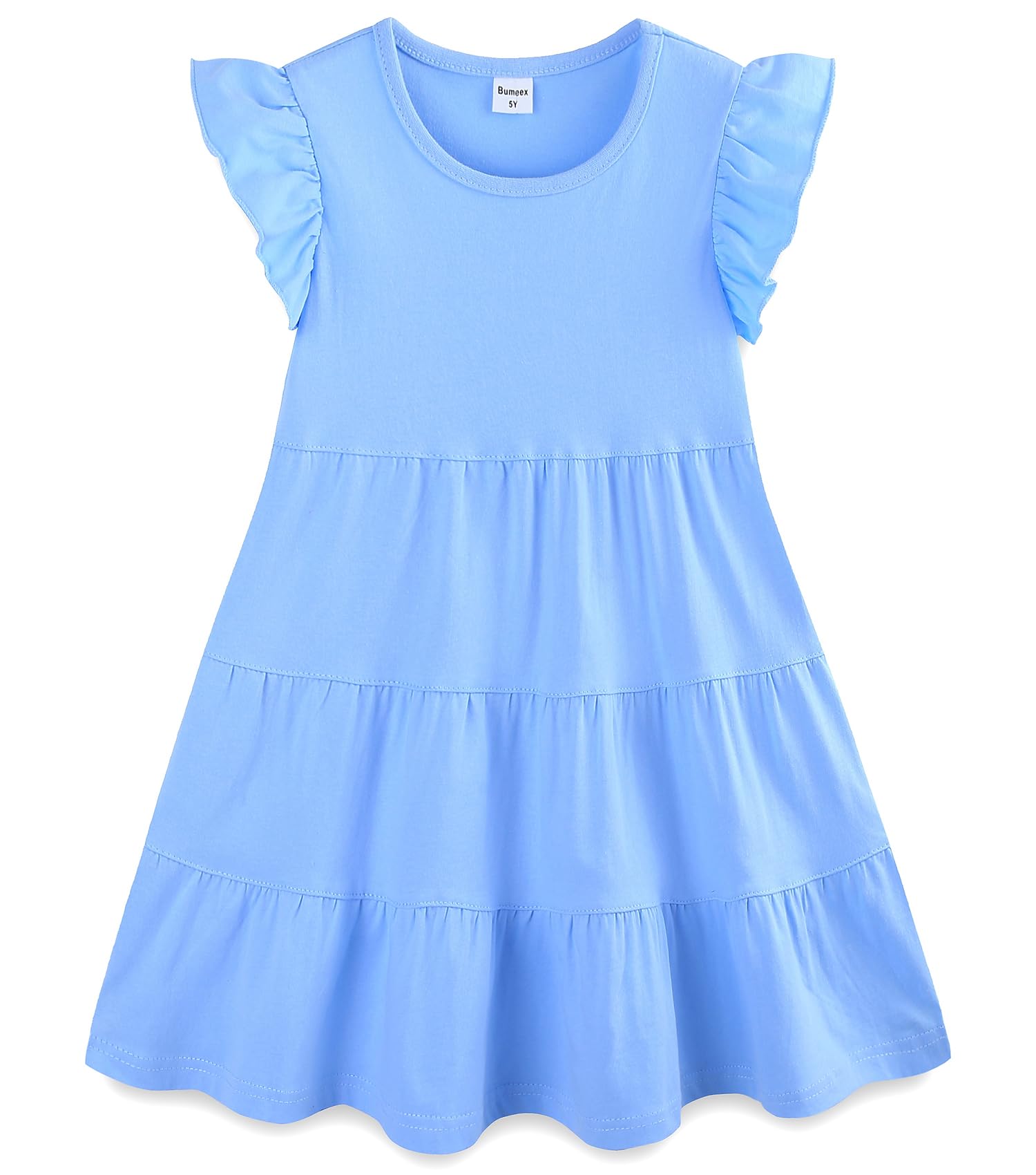 Bumeex Girl's Dresses Cotton Ruffle Sleeve Tiered Swing A-Line Cute Midi Casual Sundress