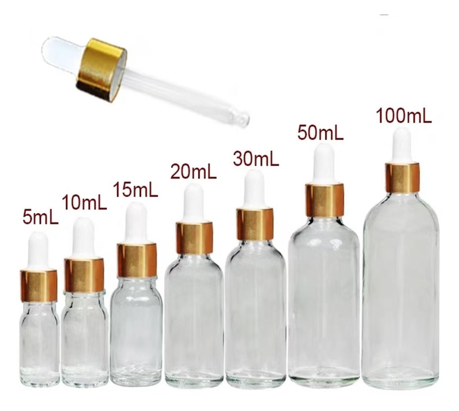 10 unids/Lote de 5ml a 100ml, Botella de Aceite Refinado de Vidrio Redondo Transparente de Laboratorio con goteros de Vidrio, círculo Dorado for experimentos Escolares(100ml)