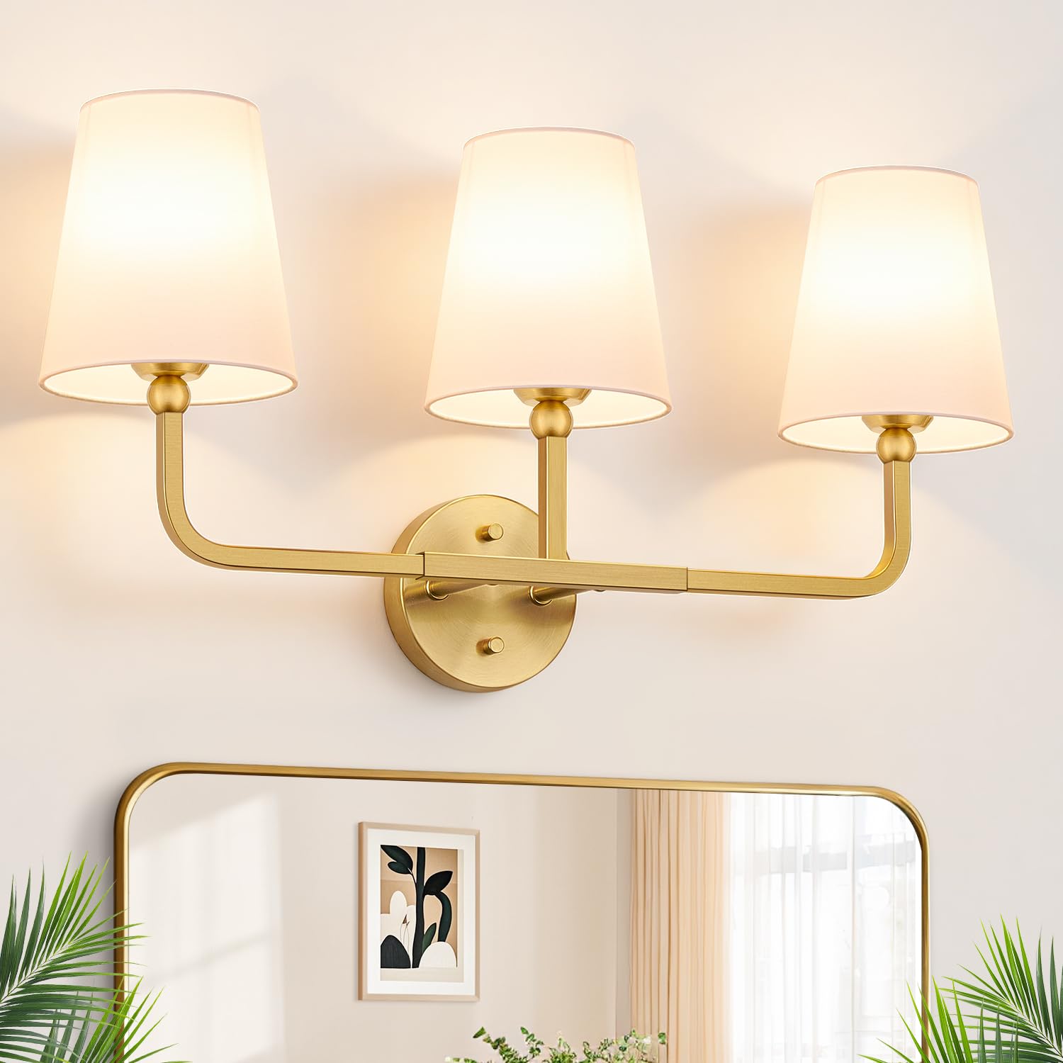 Bathroom Light Fixtures 3-Light Brushed Gold Vanity Lights Bathroom Lighting Fixtures Over Mirror with Flared White Fabric Shade