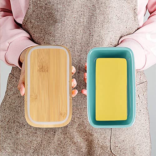 Image of Ceramic Butter Dish with Wooden Lid and Stainless Steel Knife, Large Butter Container Keeper with Bamboo Cover and Silicone Sealing Ring for West and East Coast Butter (Green)