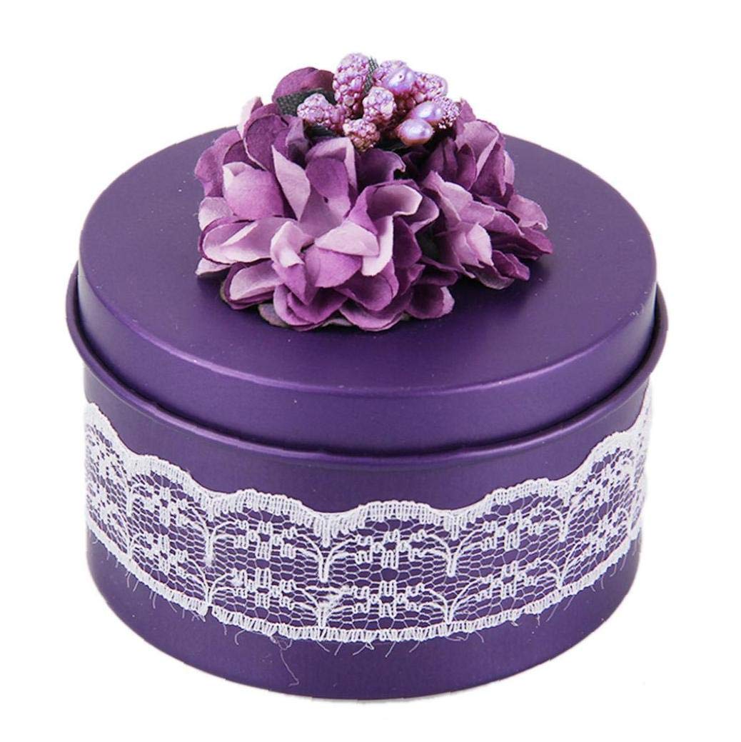 Tossper Purple Round Shape Tinplate Cookie Tins, Candies Biscuits Boxes With Flower Knot Ribbon Lace Wedding Christmas Party Decor (Purple)