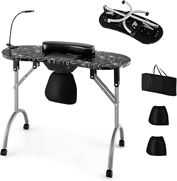LDAILY Moccha Manicure Nail Table, Portable Nail Desk for Nail Tech w/Electric Dust Collector, Wrist Rest, USB-Plug LED Lamp, 4 Lockable Wheels, Carry Bag, Nail Desk for Home Spa Beauty Salon Black