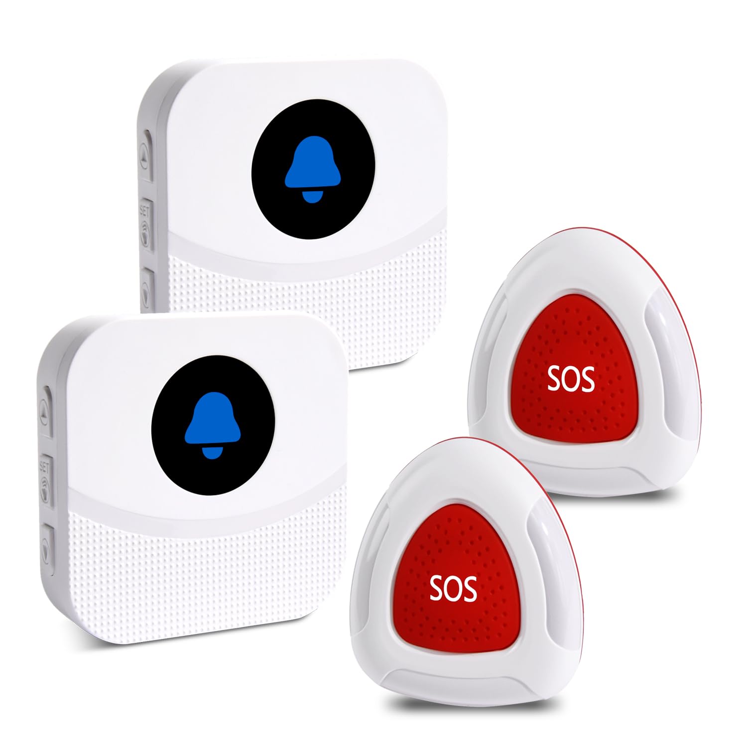 Sistema di chiamata infermiera wireless per uso domestico, 2 ricevitori di allarme plug-in e 2 pulsanti di aiuto impermeabili, portata di oltre 150 m, per anziani/pazienti/disabili