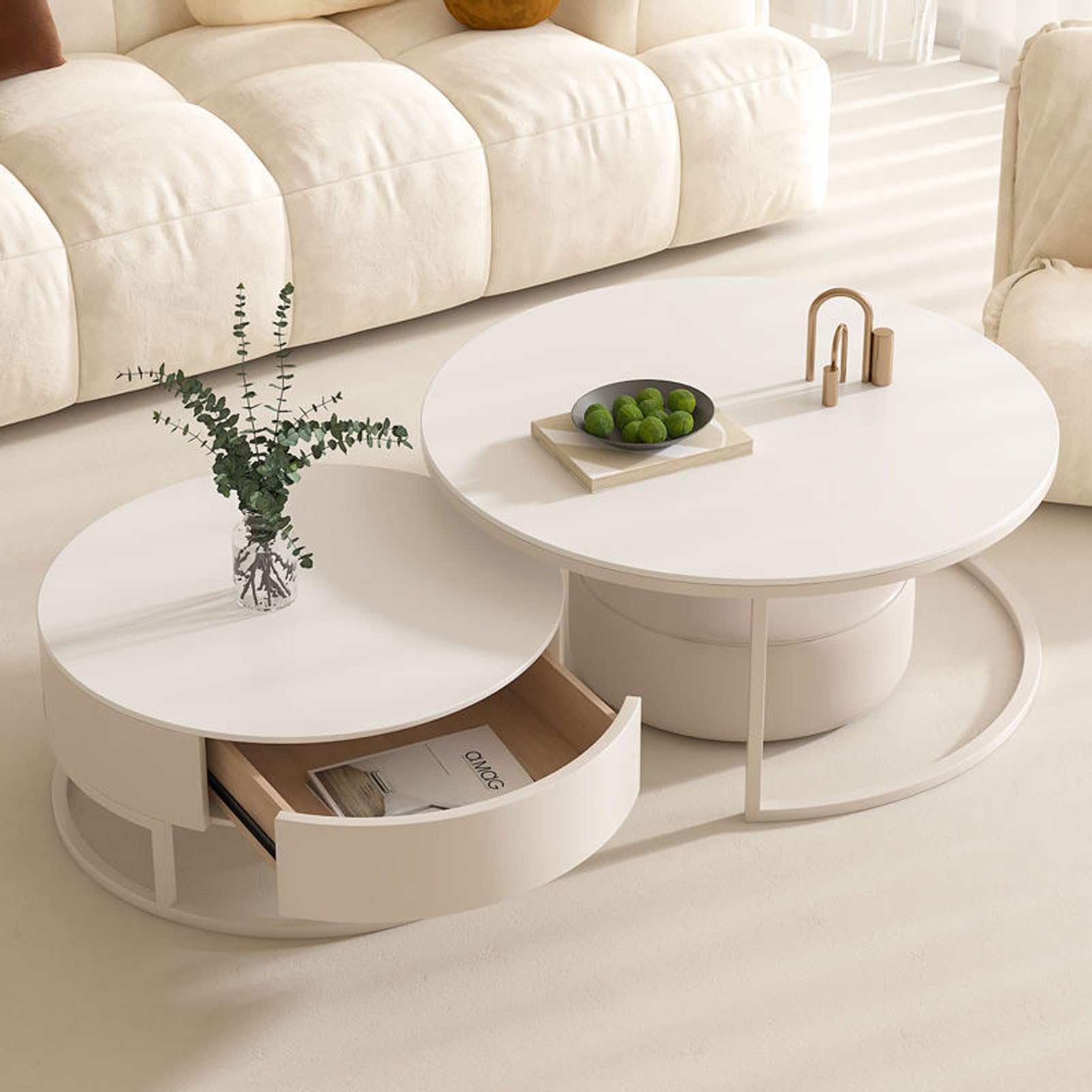 MDXVRKYBC 2er-Set Couchtisch Rund – 50+70 Cm, Weiß, Mit Metallrahmen & Geräuscharmer Schublade, Modern 50 Und 70 Cm
