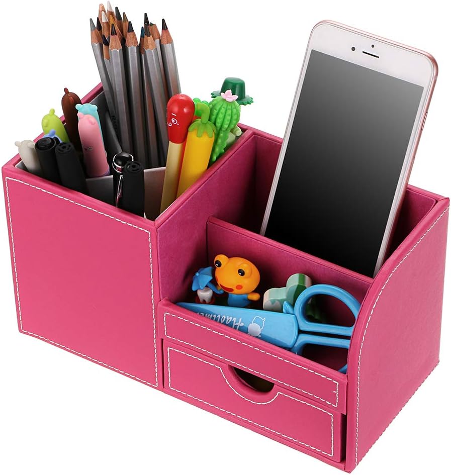 BSTKEY Multi-Functional Pu Leather Desk Organiser with Drawer - 4 Compartment Pencil Holder Desk Tidy Storage Box, Cosmetics Organizer Office Desktop Supplies (Pink)