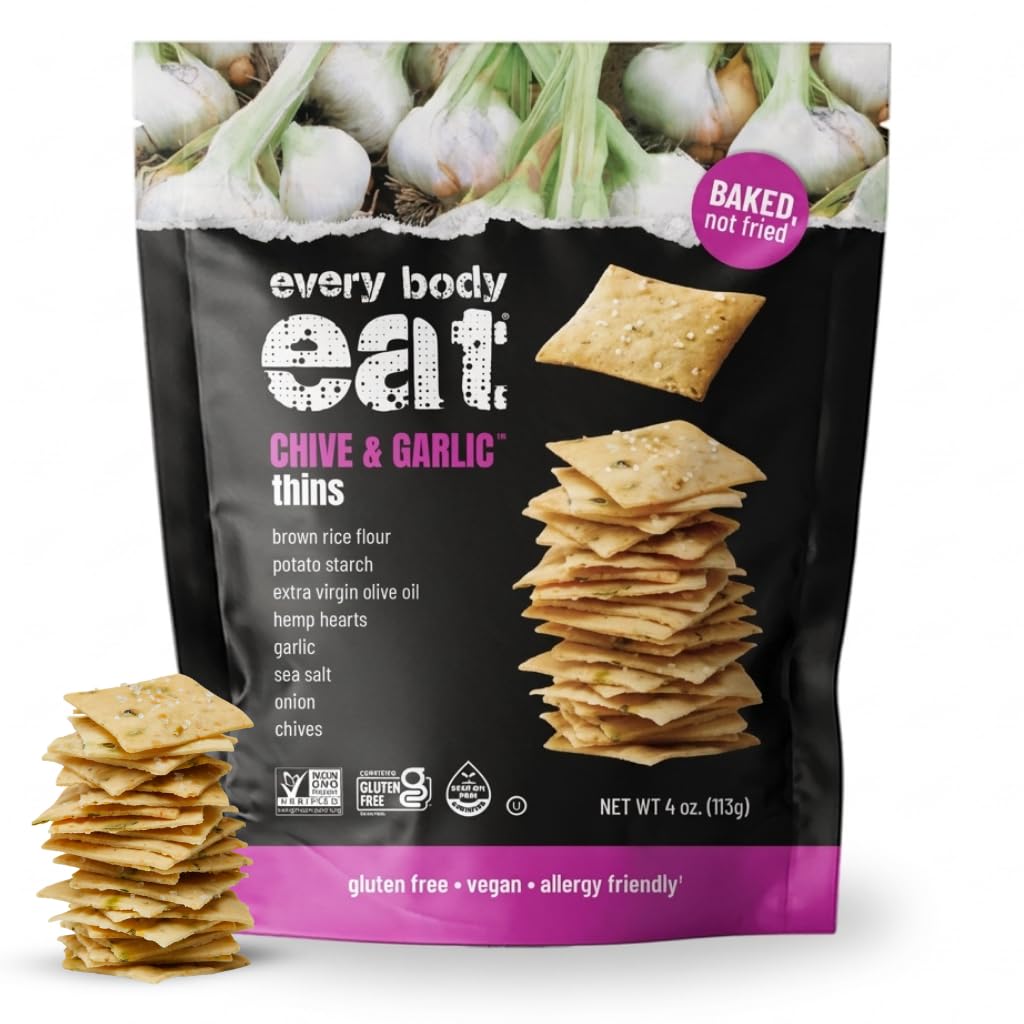 Every Body Eat Gluten Free Crackers, Chive & Garlic – Garlic Crackers, Healthy Vegan Snacks, Dairy Free, Seed Oil Free Snack Crackers (Pack of 2), 4 oz Bags