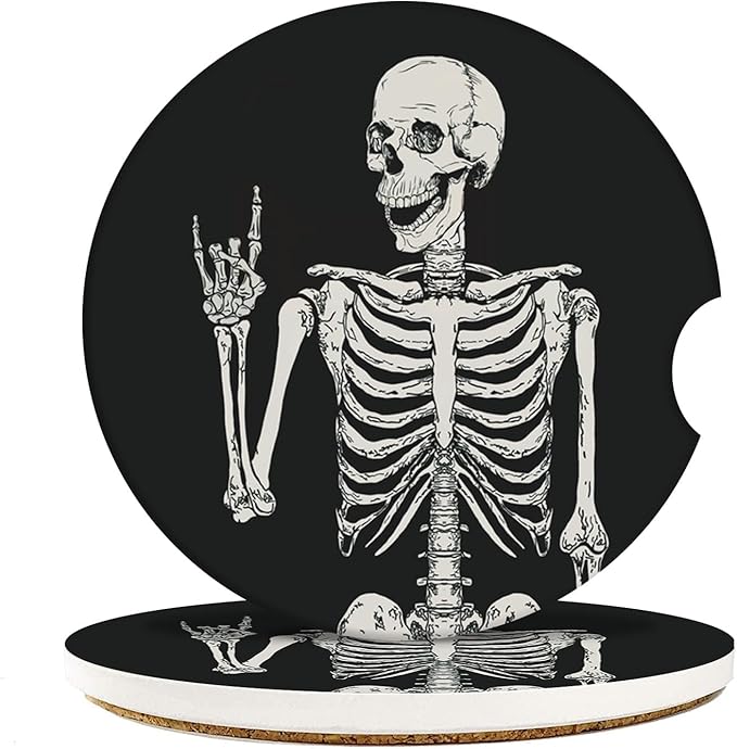 Black Skeleton Happy Rock Skull Absorbent Car Coasters 2 Pack 2.56
