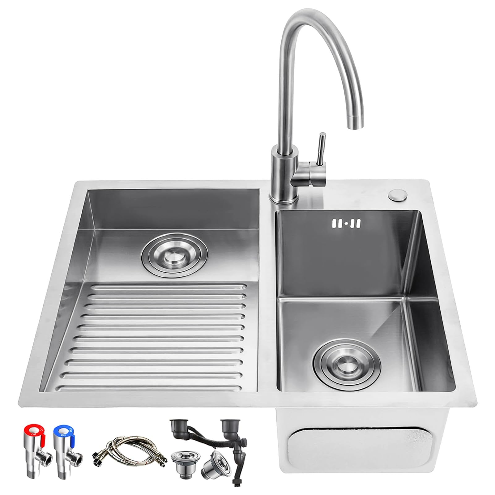 Évier à double cuve en acier inoxydable 90x48cm avec robinet complet