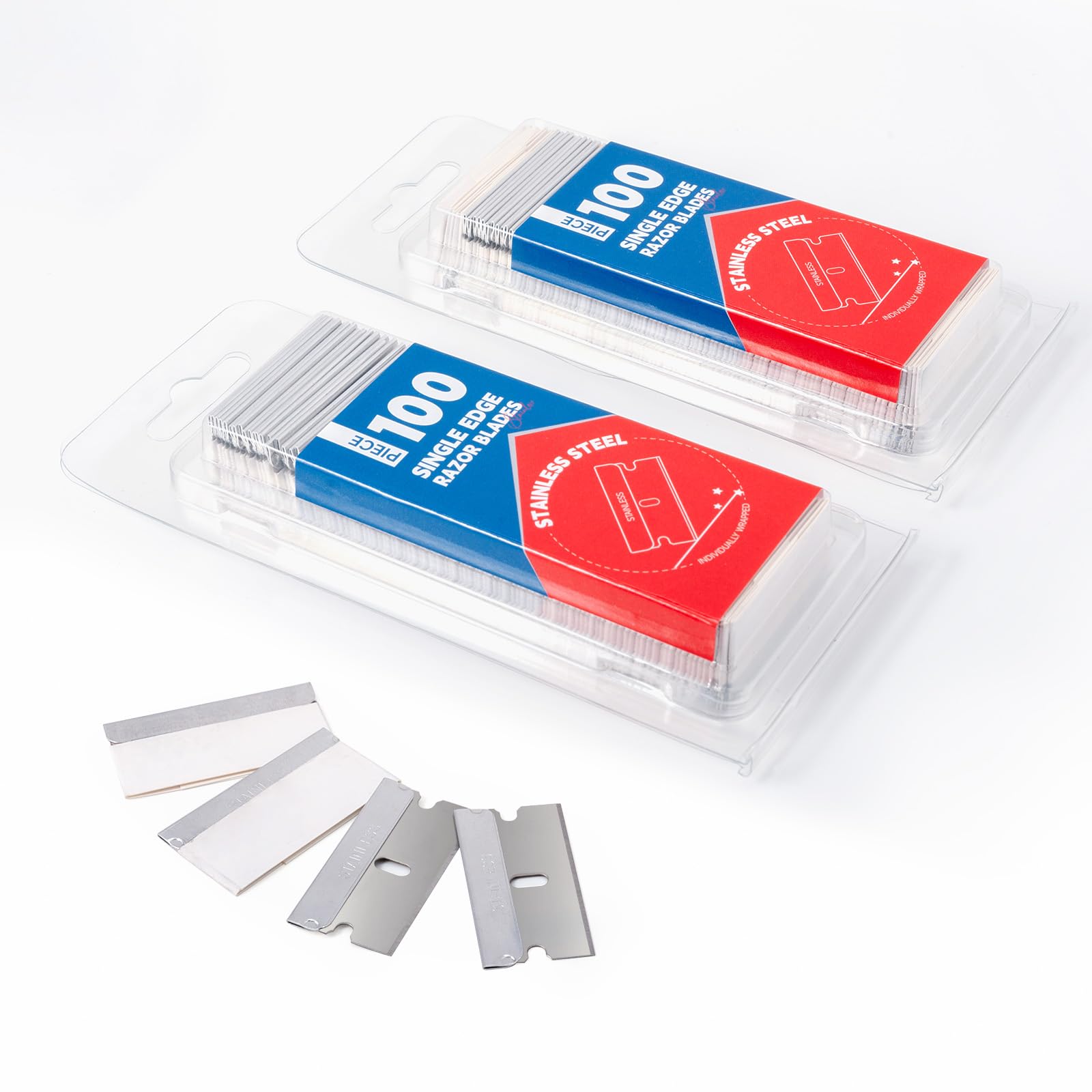 FOSHIO 200PCS Single Edge Razor Blades, Individually Wrapped Stainless Steel Razor Blades for Scraper Tools, Suitable for Removing Labels, Decals, Stickers, Gasket, Silver
