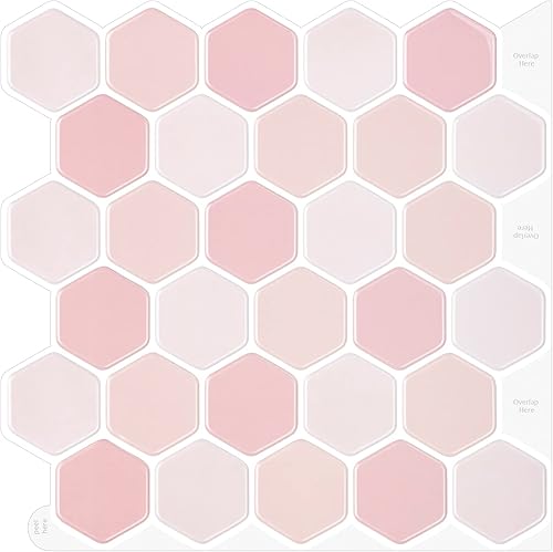 Azulejos hexagonales para despegar y pegar para cocina, 10 hojas adhesivas en azulejos de cocina, azulejos de pared 3D rosa (12 x 12 pulgadas)
