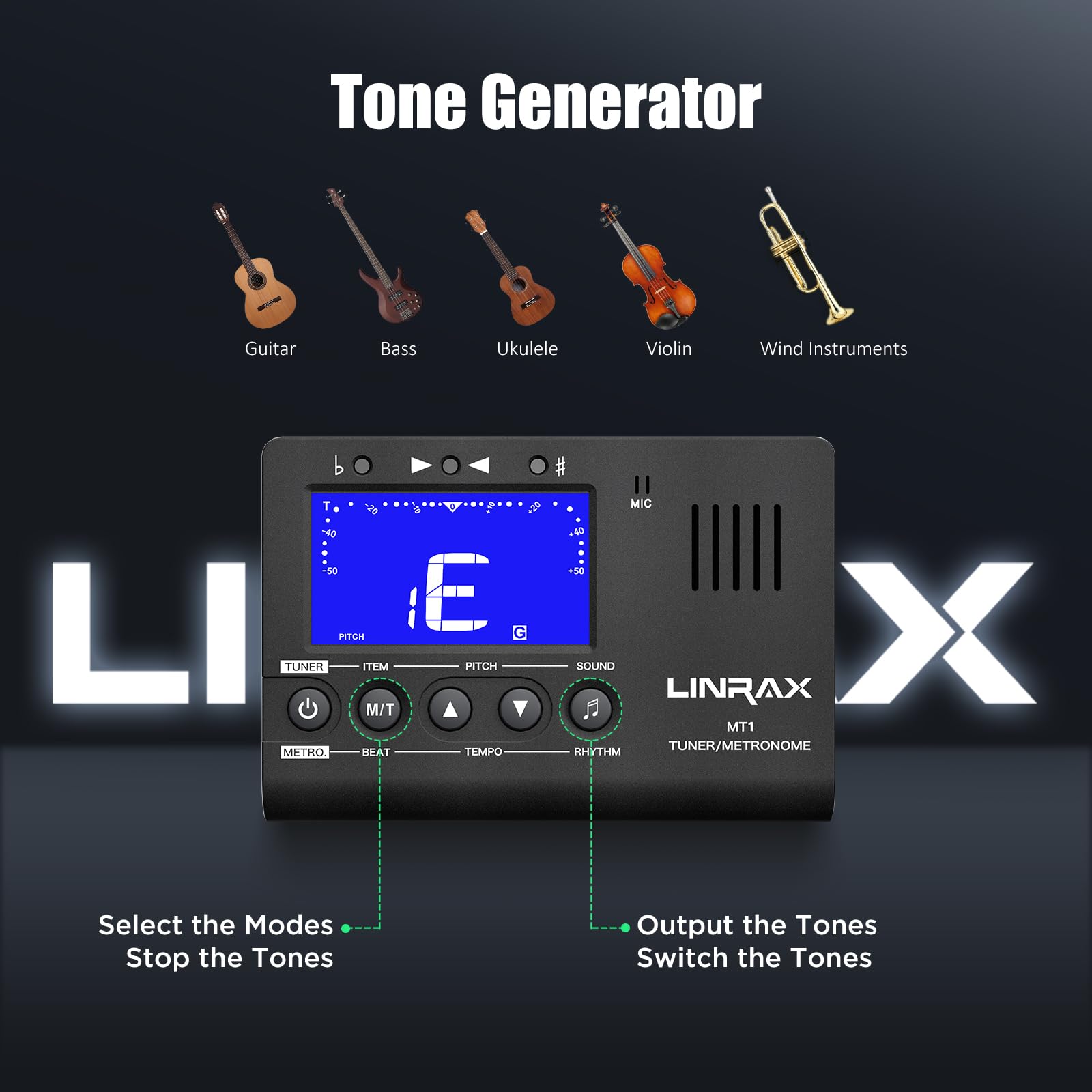 Linrax MT1 Accordatore Metronomo, Metronomo Accordatore Digitale Generatore di Toni 3 in 1 per Chitarra Basso Ukulele Violino Sassofono Tromba Flauto, Accordatore Cromatico per tutti gli Strumenti