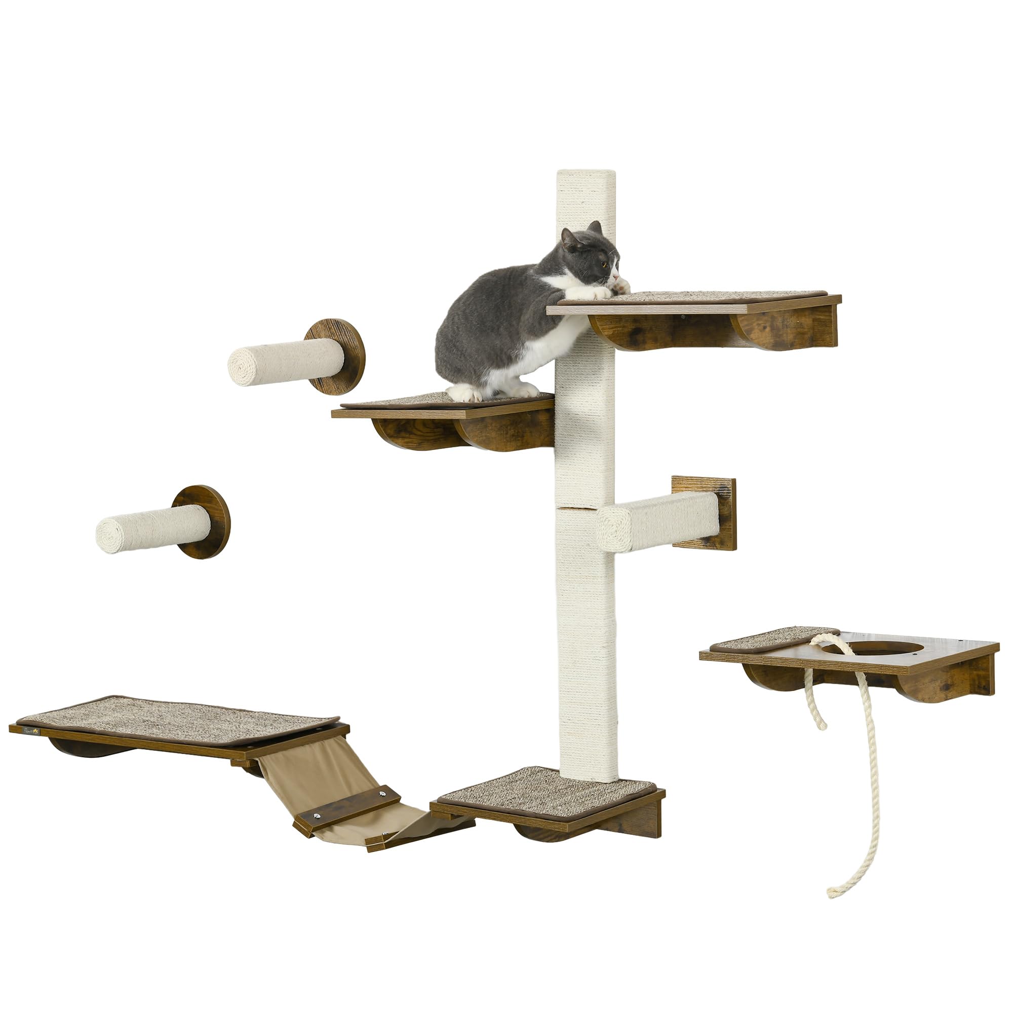 PawHut Kletterwand Katzen 8-teilig mit Kratzbäumen bis zu 5 kg Braun