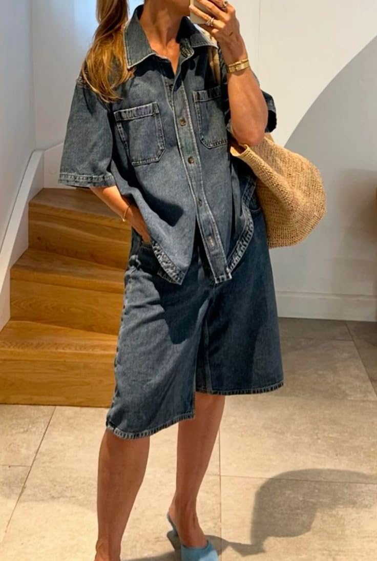 Kedera Women's Denim Shirt Casual Button Down Short Sleeve Jean Shirts Casual Top Outfits Trendy - Image 4