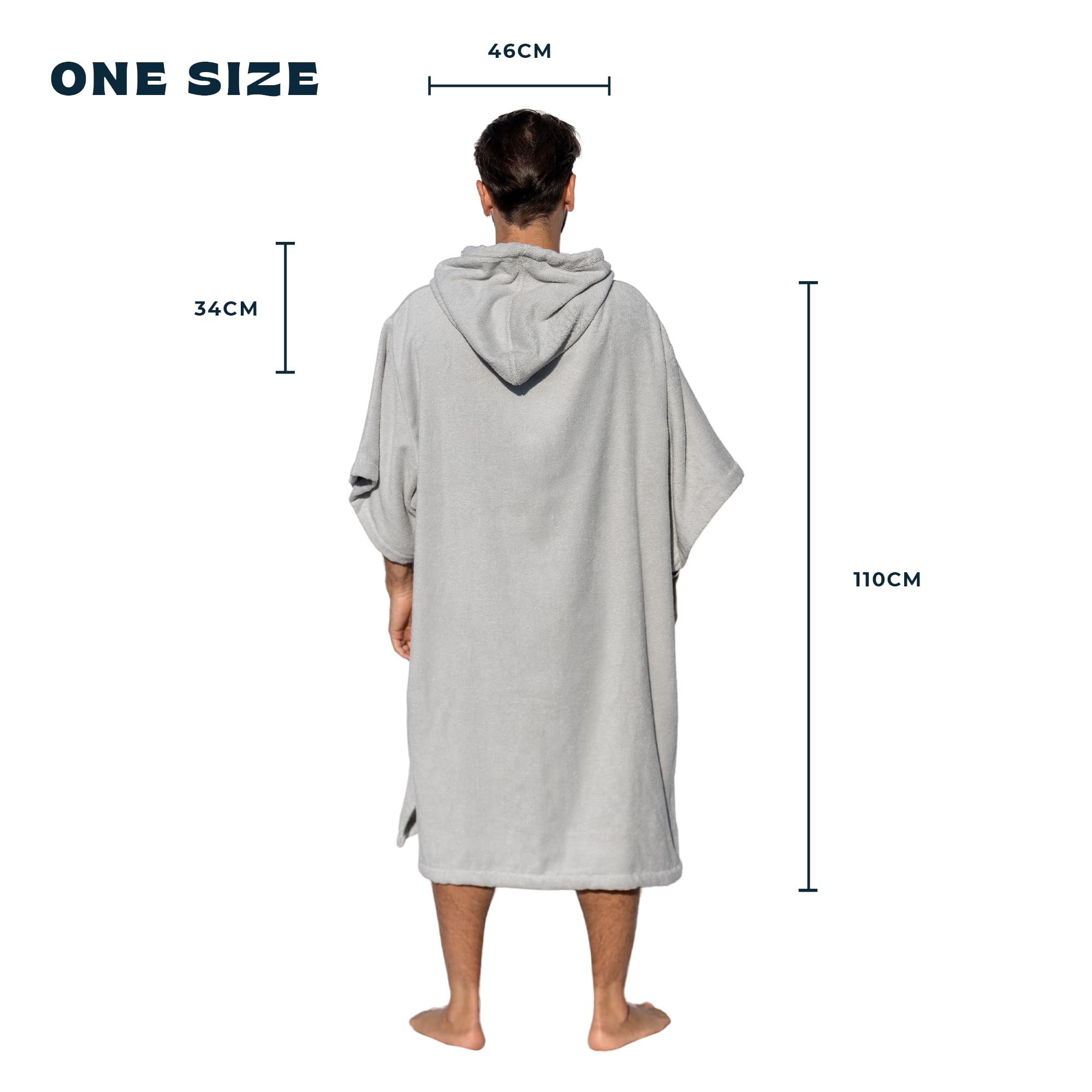 Poncho Surf Jasnoszary z rękawami - Jeden rozmiar - 100% Bawełna Premium - Wyprodukowano w Portugalii
