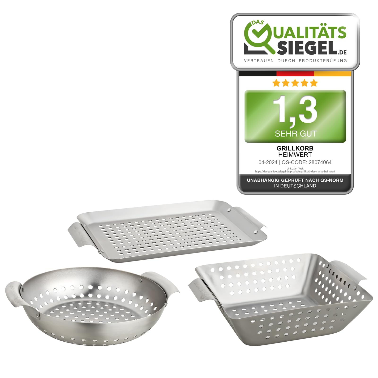 HEIMWERT Hochwertiges Premium Edelstahl Grillkorb 3er Set - Die hochrobusten und universell einsetzbaren Grillschalen - Das Original
