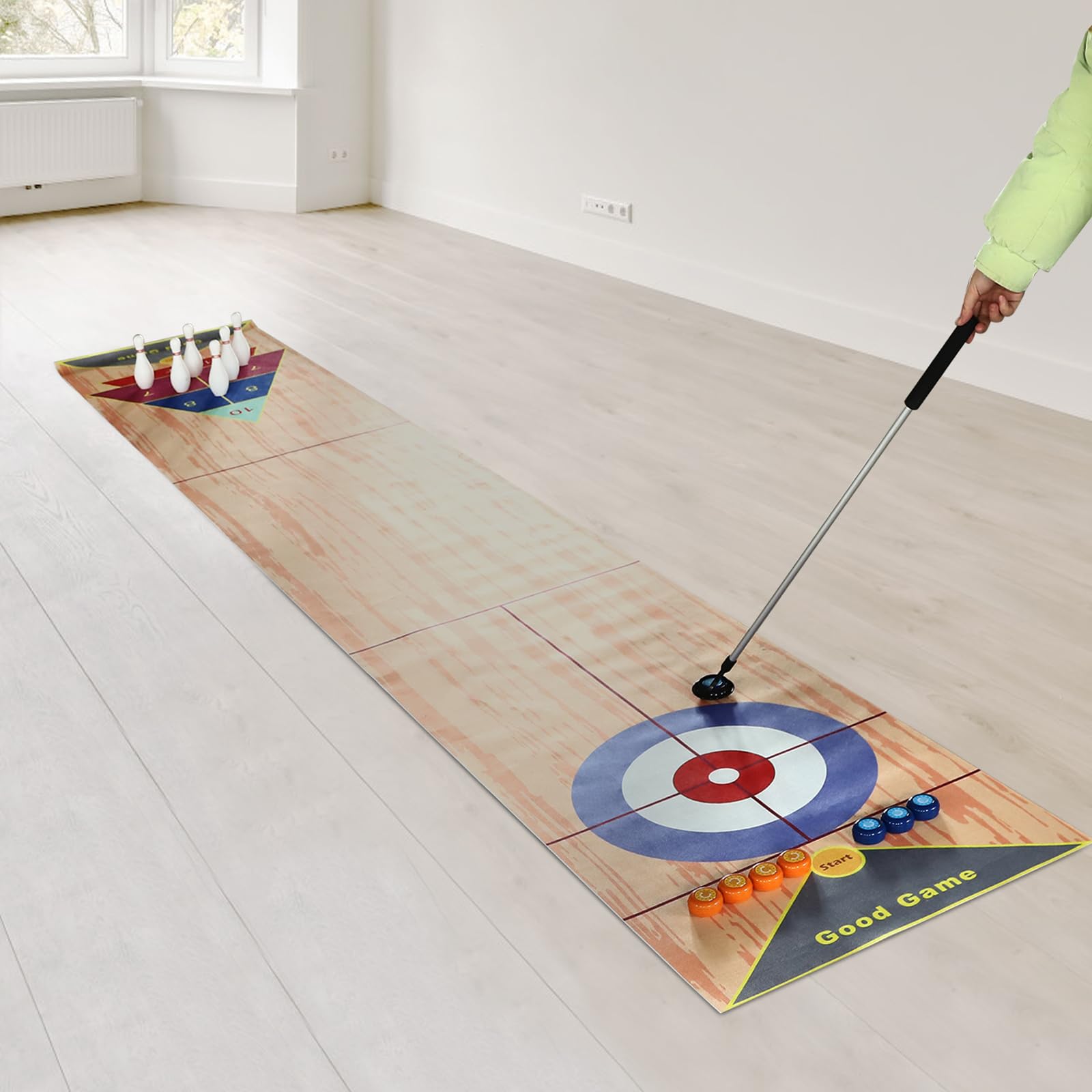 Shuffleboard Curling Spiel, Tisch Curling Bowling Set mit 3.6m Matte, 8 Pucks 6 Kegeln 2 Putter, Zusammenklappbar Geschicklichkeitsspiel für Erwachsene Indoor Party Spieleabend