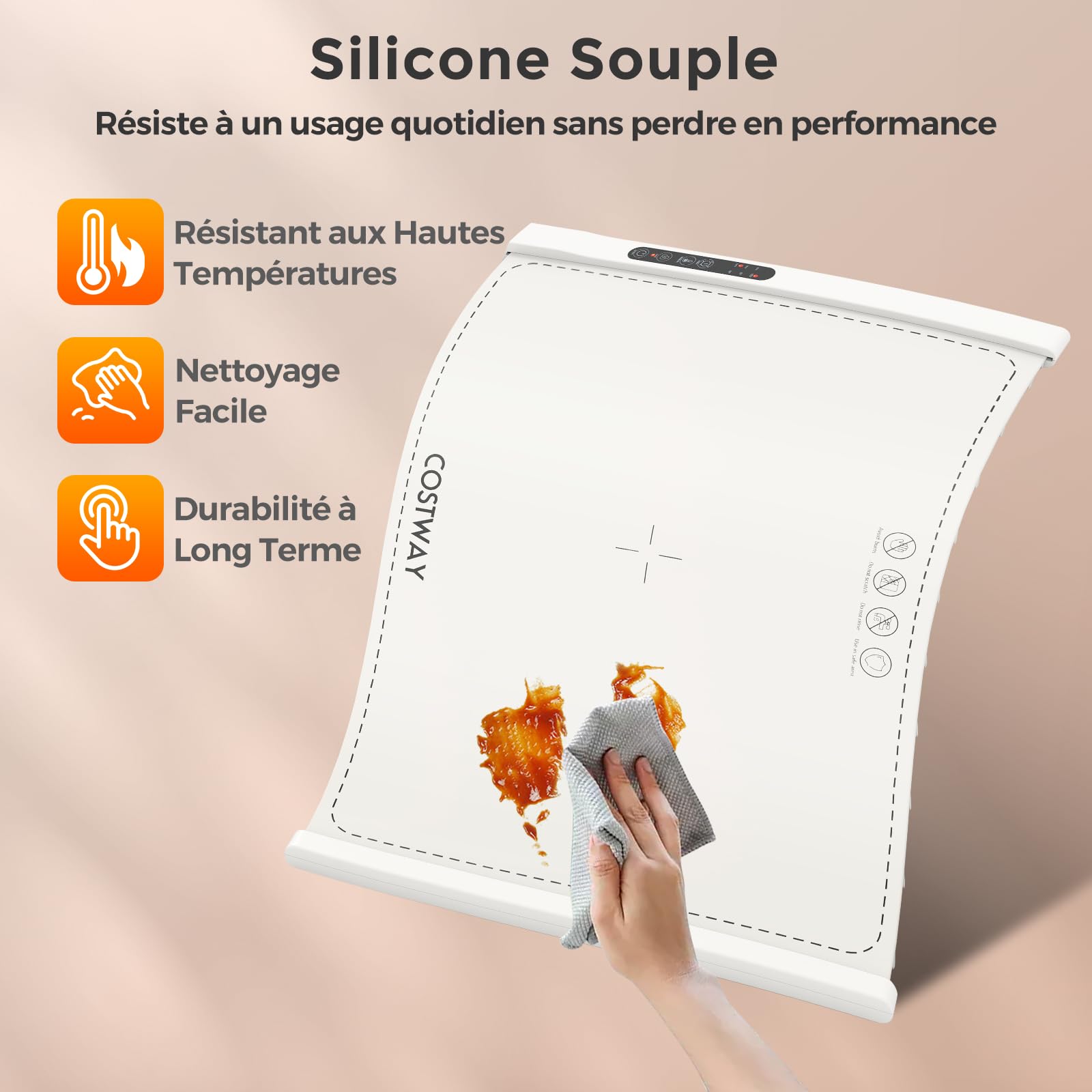 COSTWAY Chauffe Plat Électrique Pliable, Tapis Chauffant en Silicone pour Aliments, Plateau Chauffant Portable avec Température et Minuterie Réglables, pour Fêtes, Buffets, Réunions (Blanc)