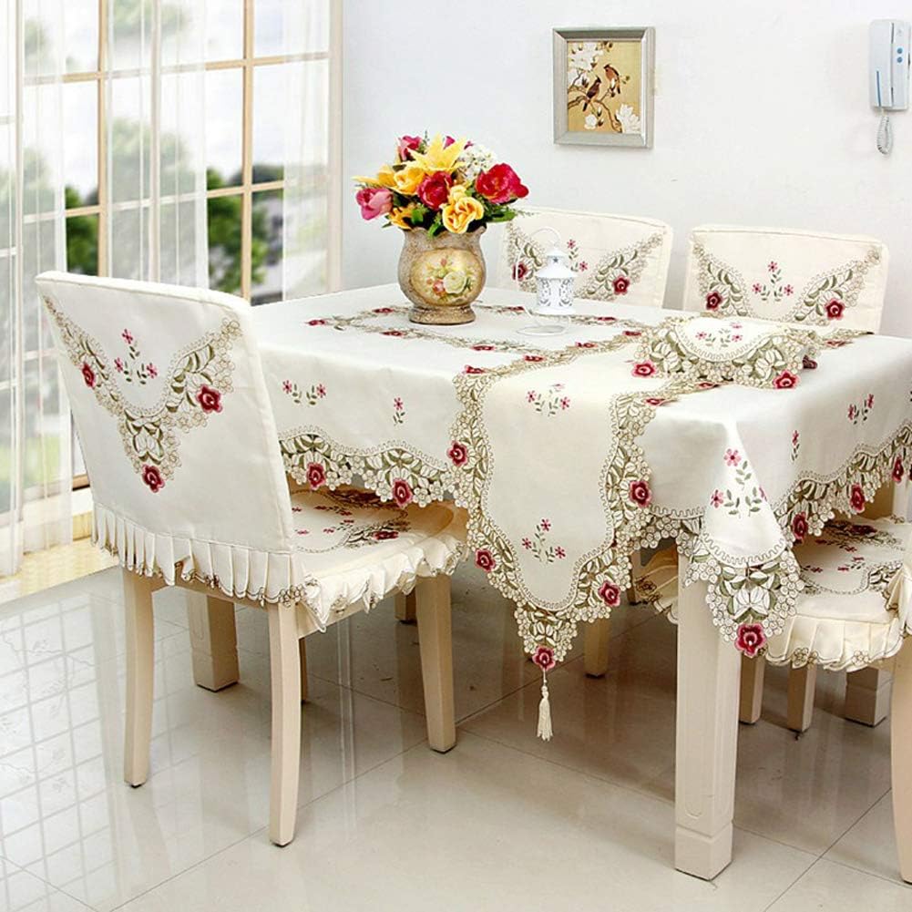 HOLY HOME Christmas Tablecloth 100% Polyester Embroidery Lace Rose Pastoral Cloth Art Home Décor (Pink, 59″x86″)