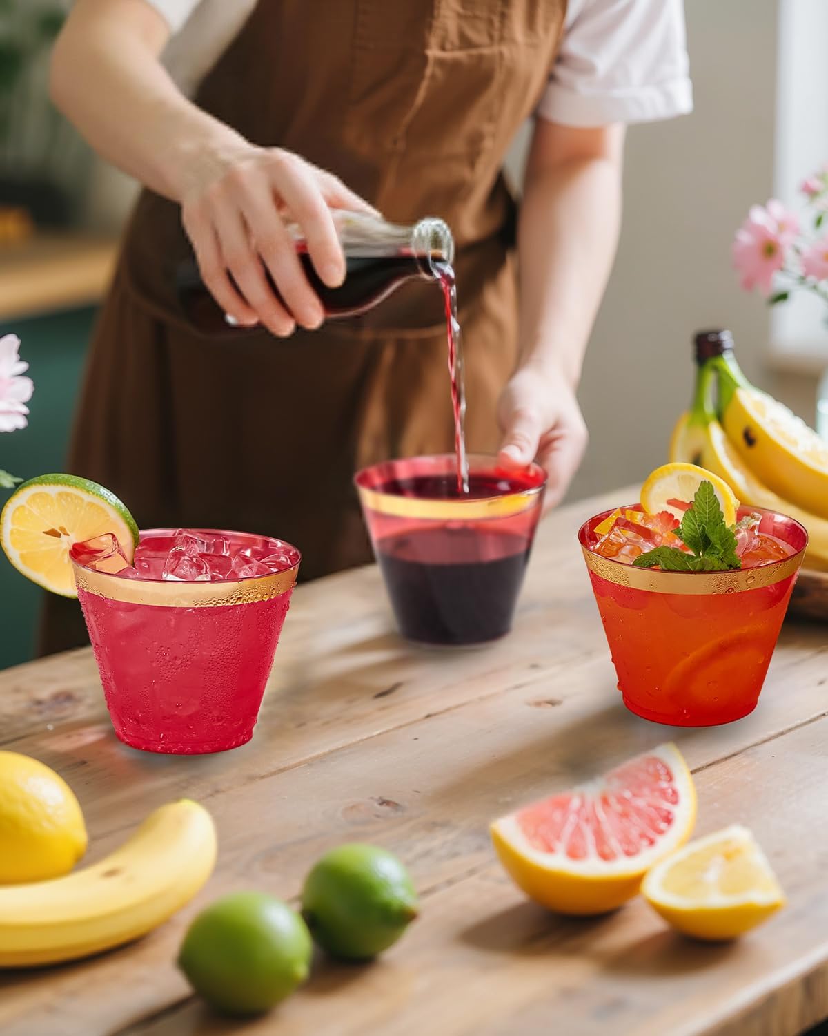 Ciaell 200PCS Red Plastic Cups - 9 Oz Gold Plastic Cups - Heavy Duty Gold Rimmed Disposable Cup - Disposable Wine Glasses with Gold Rim for Party & Wedding & Valentine's Day - Image 2