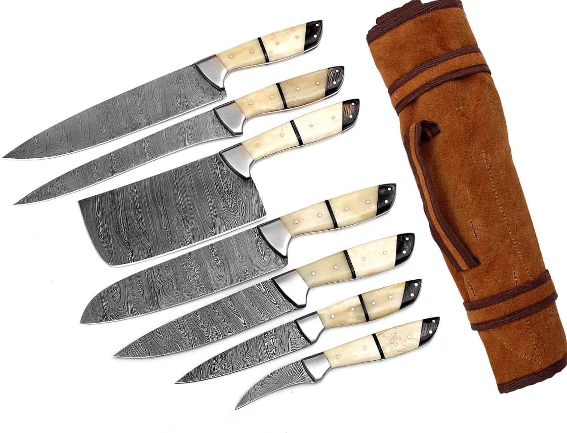- G26- Professional Kitchen Knives Custom Made Damascus Steel 7 pcs of Professional Utility Chef Kitchen Knife Set with Chopper/Cleaver White & Black