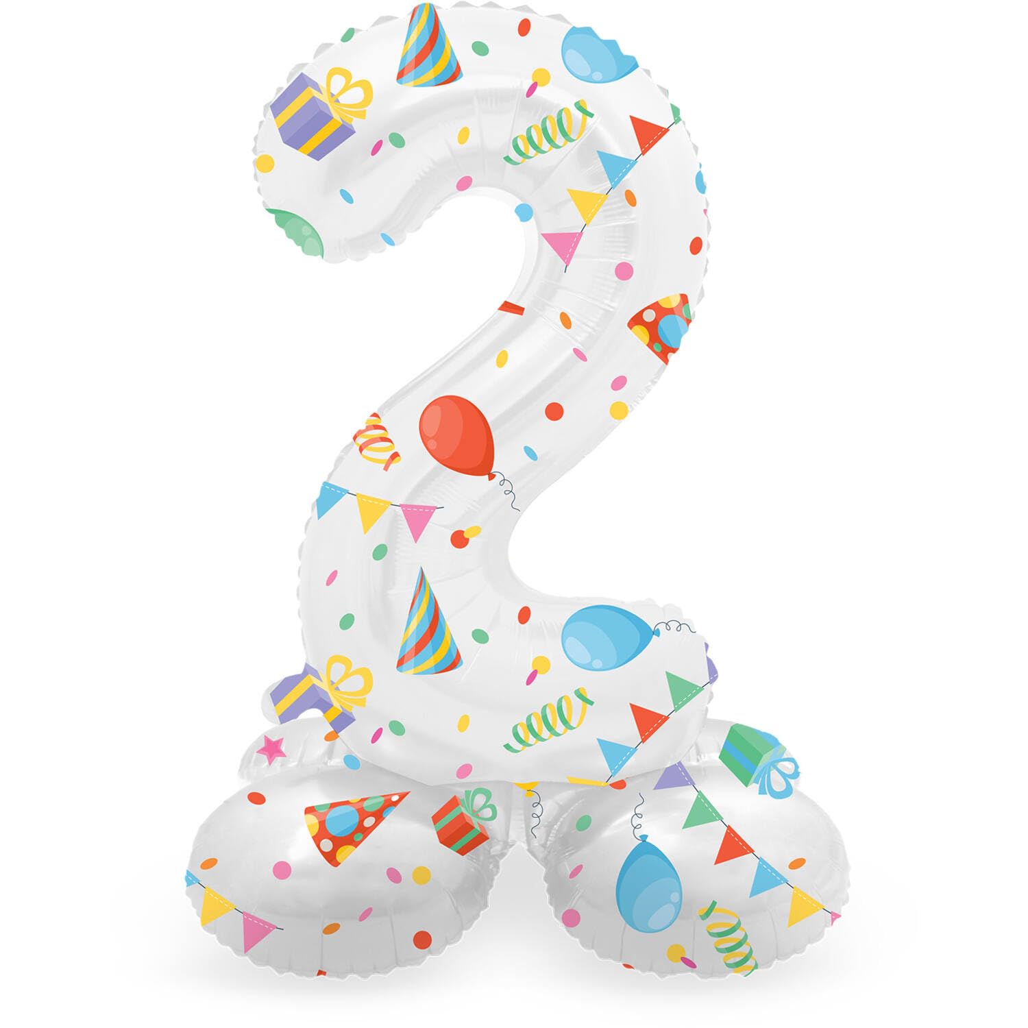 Folat 63962 Standing 2 Joyful Party White with Gifts 72 cm Birthday Decoration, Balloon Number, No Helium Required, Multicoloured, Standard Size