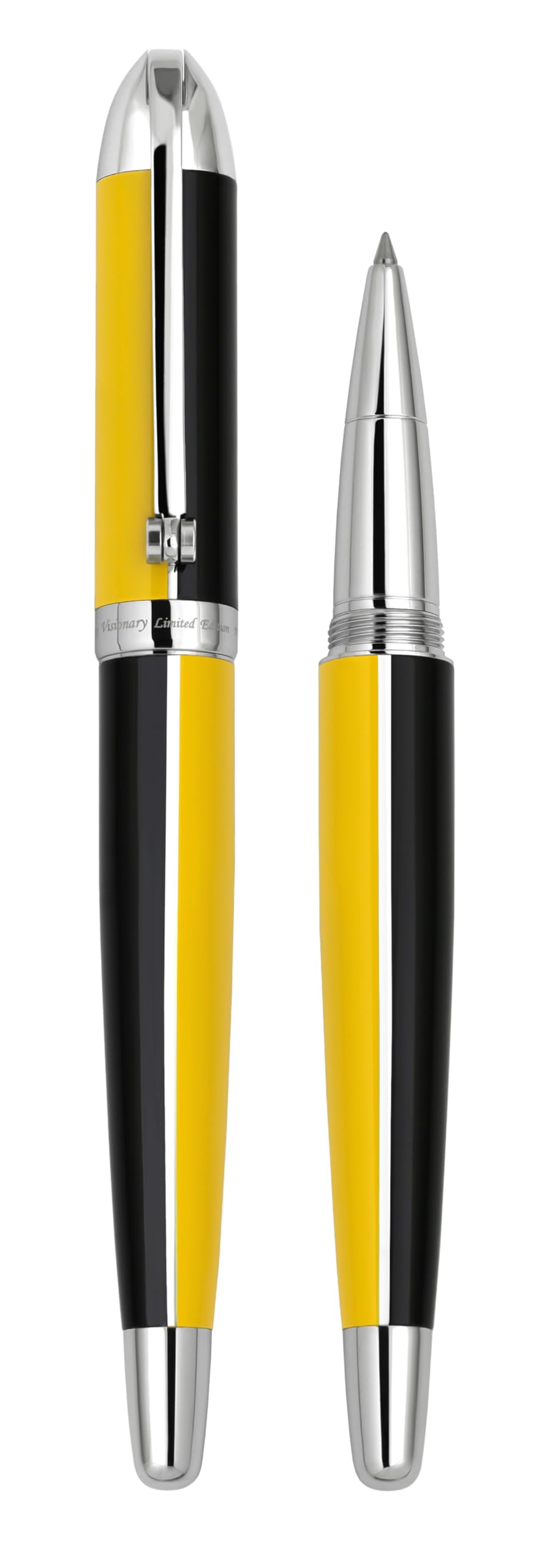 Xezo Visionary Brass and Aluminum Rollerball Pen, Speed Yellow and Black Lacquer. Numbered in Limited Edition of 500. Classic Art Deco Color Disposition, Retrofuturistic Body Style
