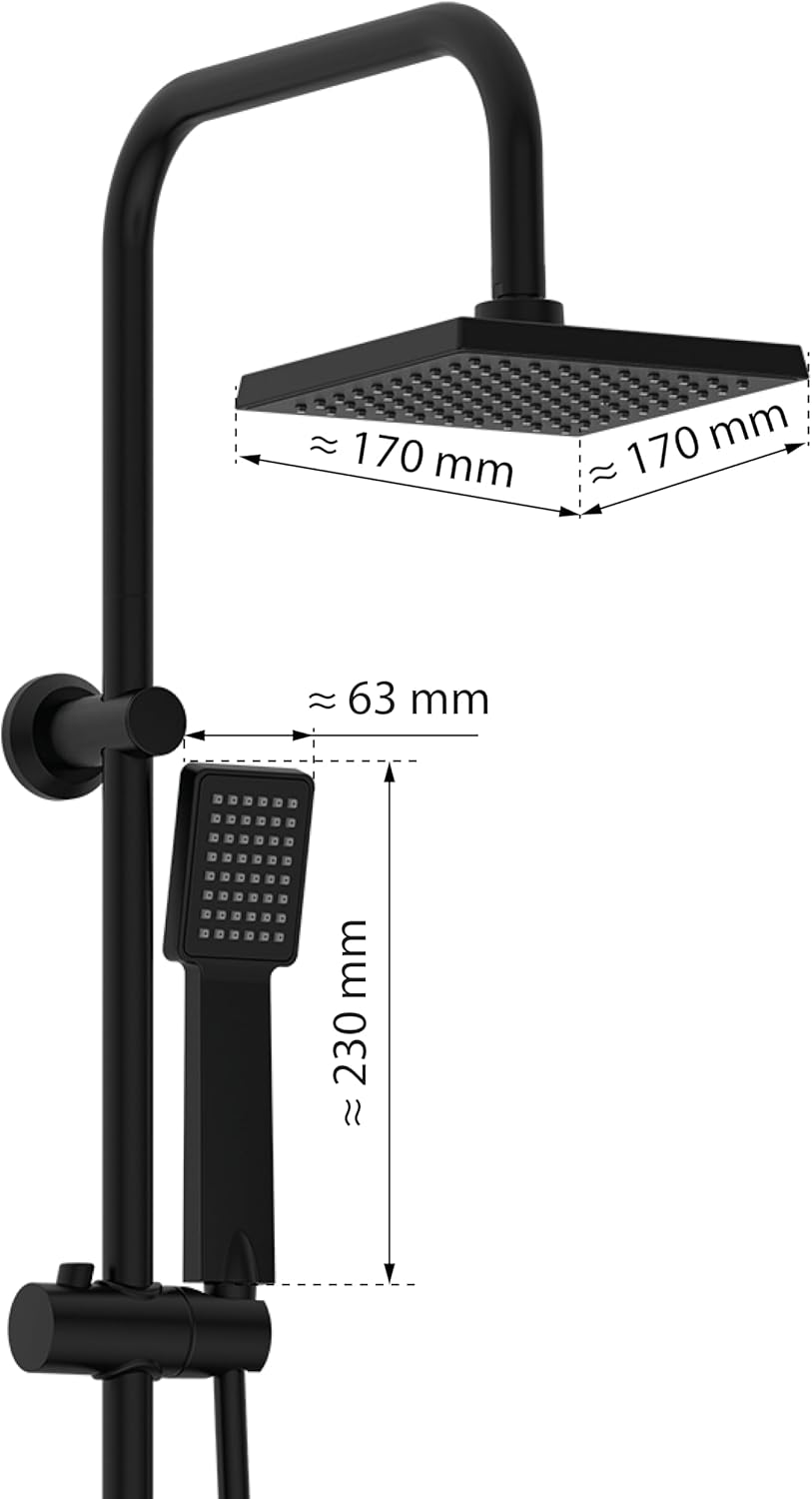 Technical drawing showing detailed dimensions of the rain shower head and hand shower